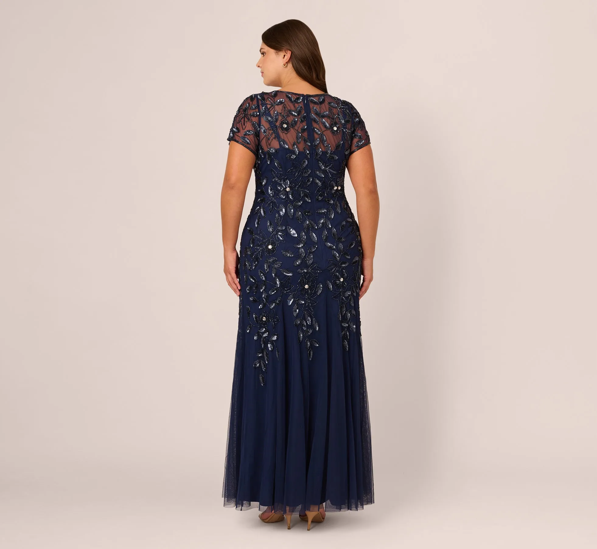 Plus Size Hand Beaded Short Sleeve Floral Godet Gown In Light Navy sold by Adrianna Papell product image thumbnail 5