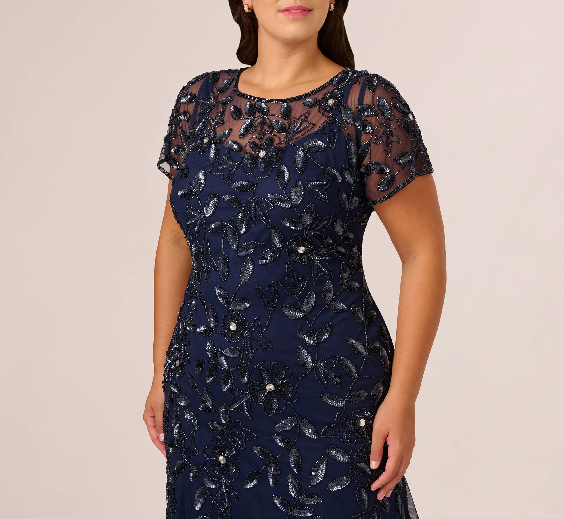 Plus Size Hand Beaded Short Sleeve Floral Godet Gown In Light Navy sold by Adrianna Papell product image thumbnail 3