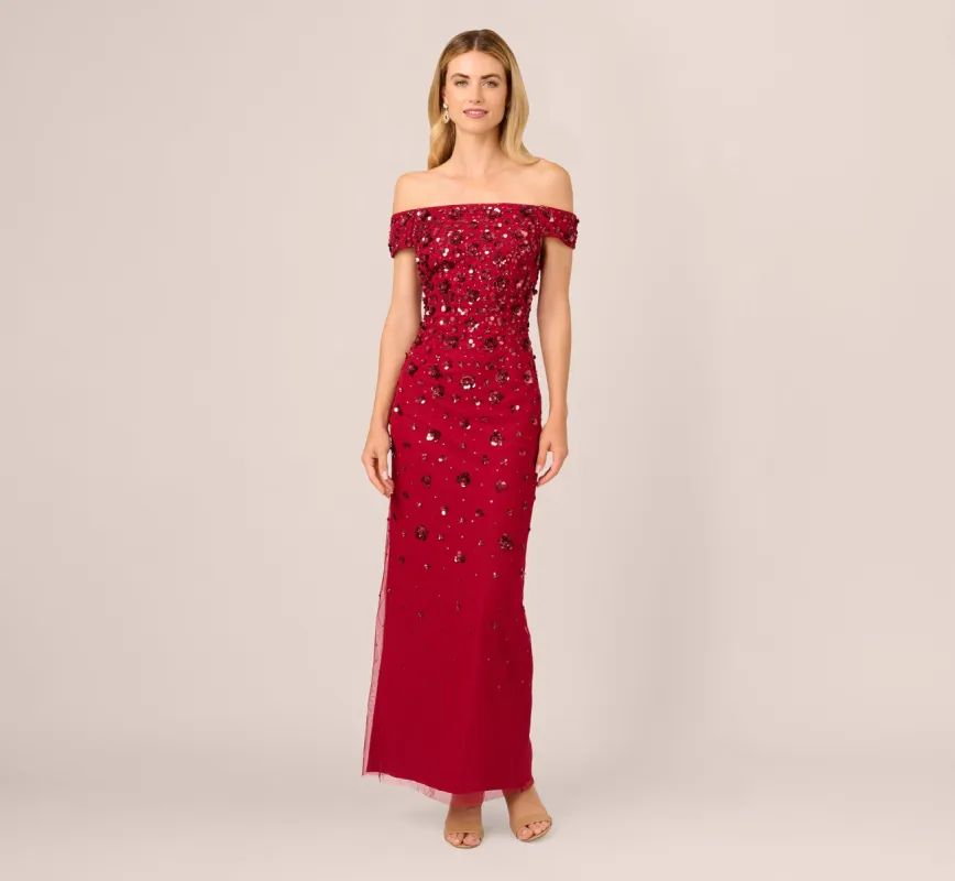 Off Shoulder Dress With Floral Embellishment In Cranberry sold by Adrianna Papell