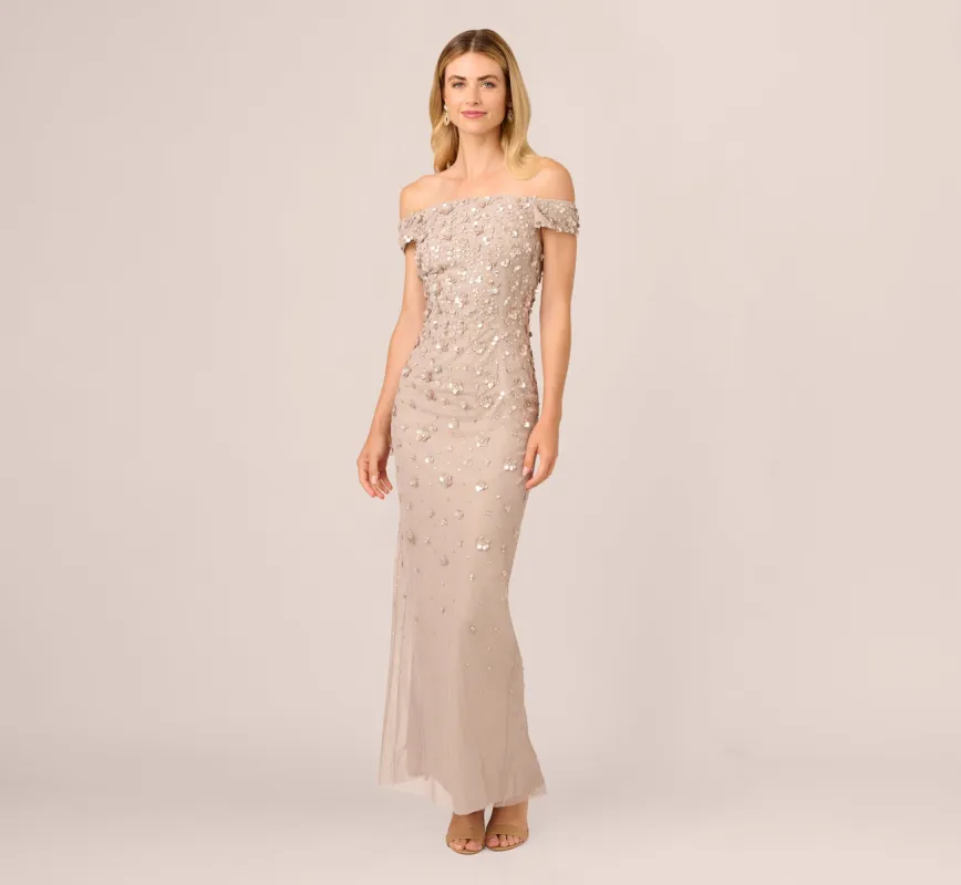 Off Shoulder Dress With Floral Embellishment In Marble sold by Adrianna Papell