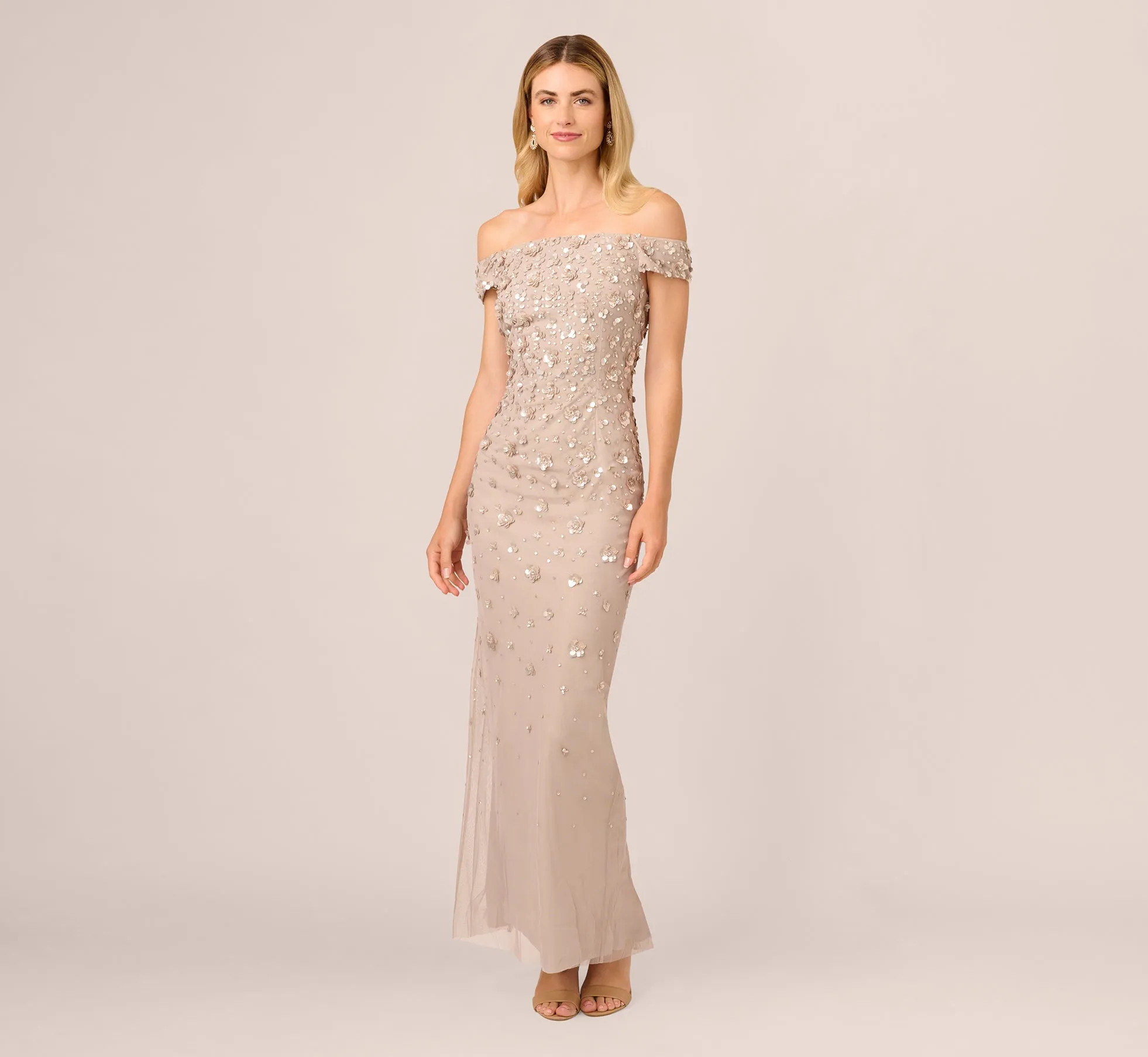 Off Shoulder Dress With Floral Embellishment In Marble sold by Adrianna Papell