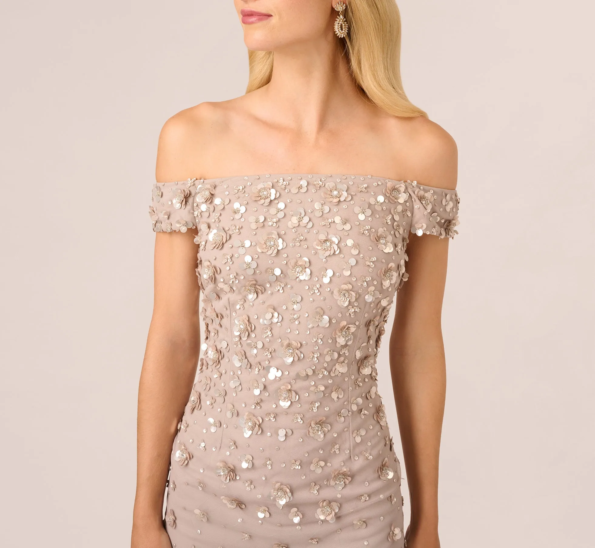 Off Shoulder Dress With Floral Embellishment In Marble sold by Adrianna Papell product image thumbnail 5