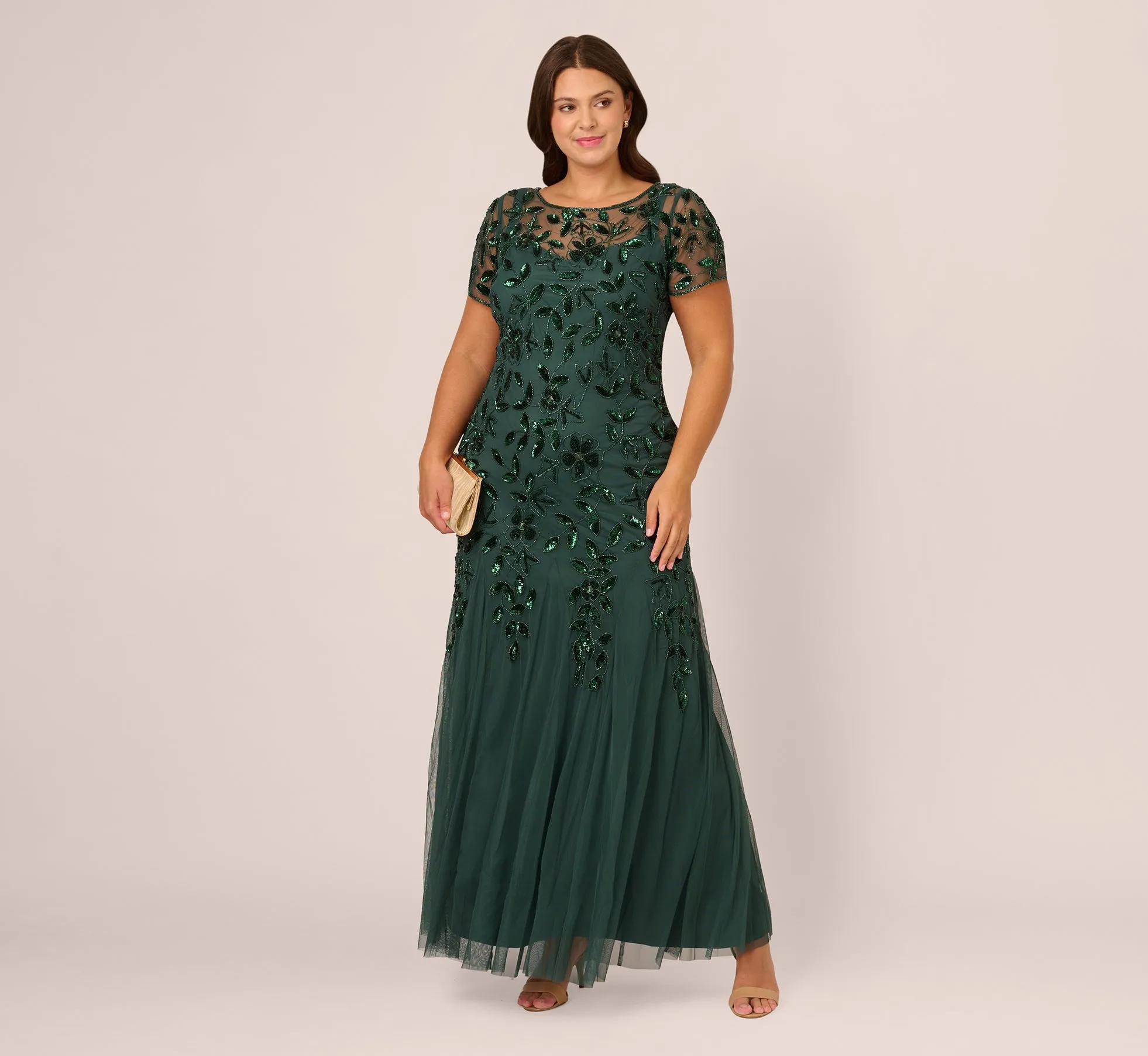 Plus Size Hand Beaded Short Sleeve Floral Godet Gown In Dusty Emerald sold by Adrianna Papell product image thumbnail 2