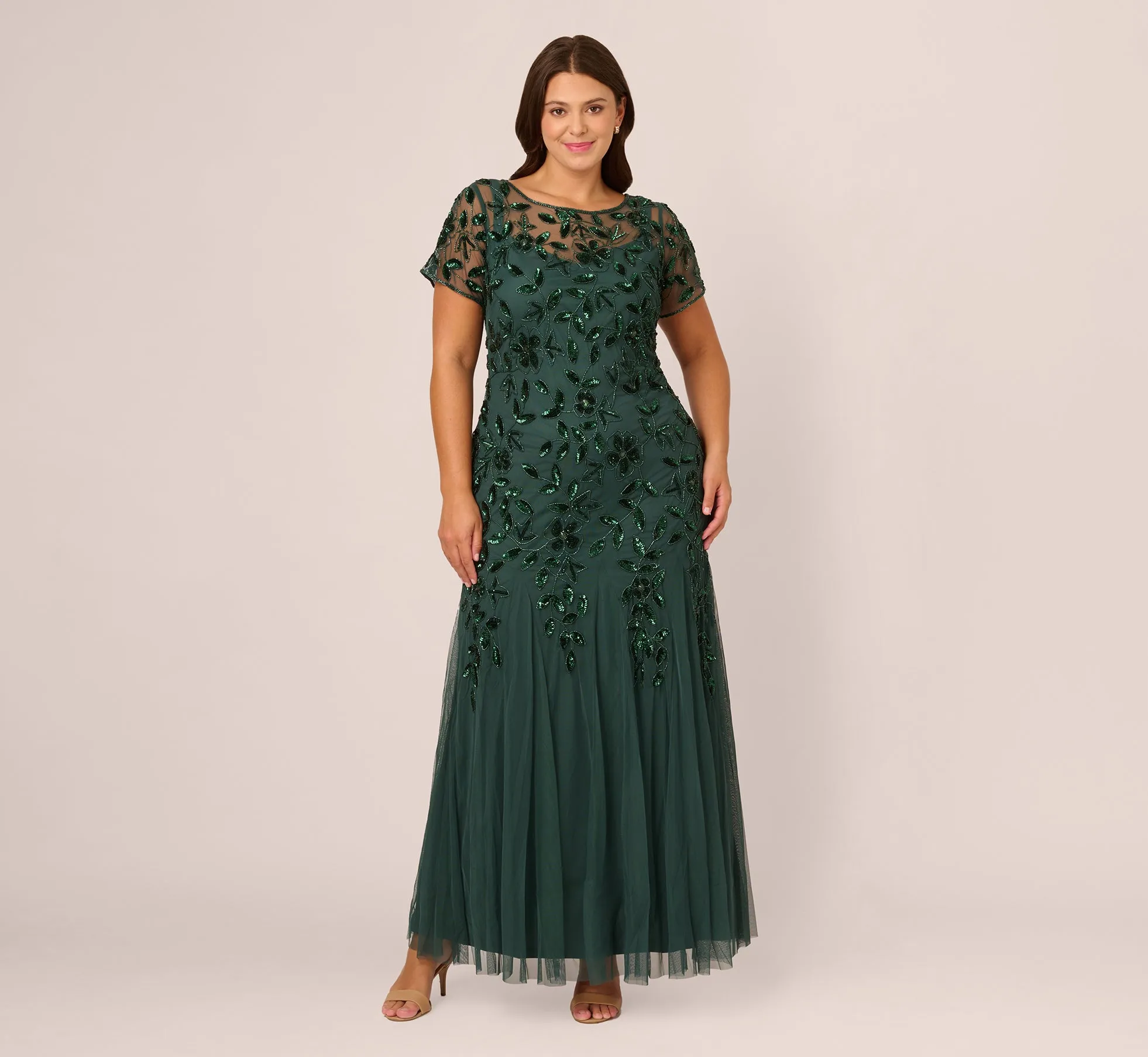 Plus Size Hand Beaded Short Sleeve Floral Godet Gown In Dusty Emerald sold by Adrianna Papell