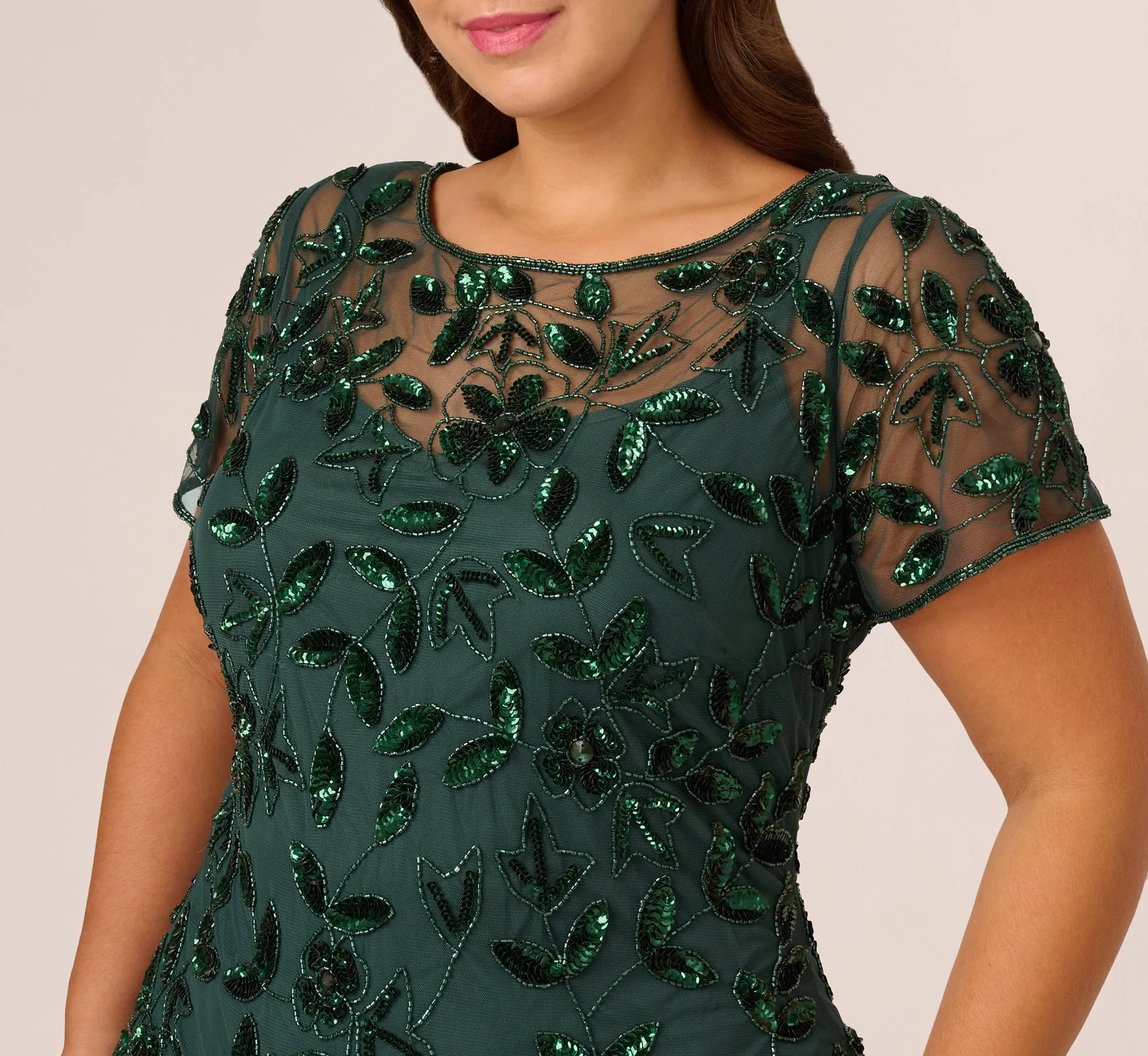 Plus Size Hand Beaded Short Sleeve Floral Godet Gown In Dusty Emerald sold by Adrianna Papell product image thumbnail 5