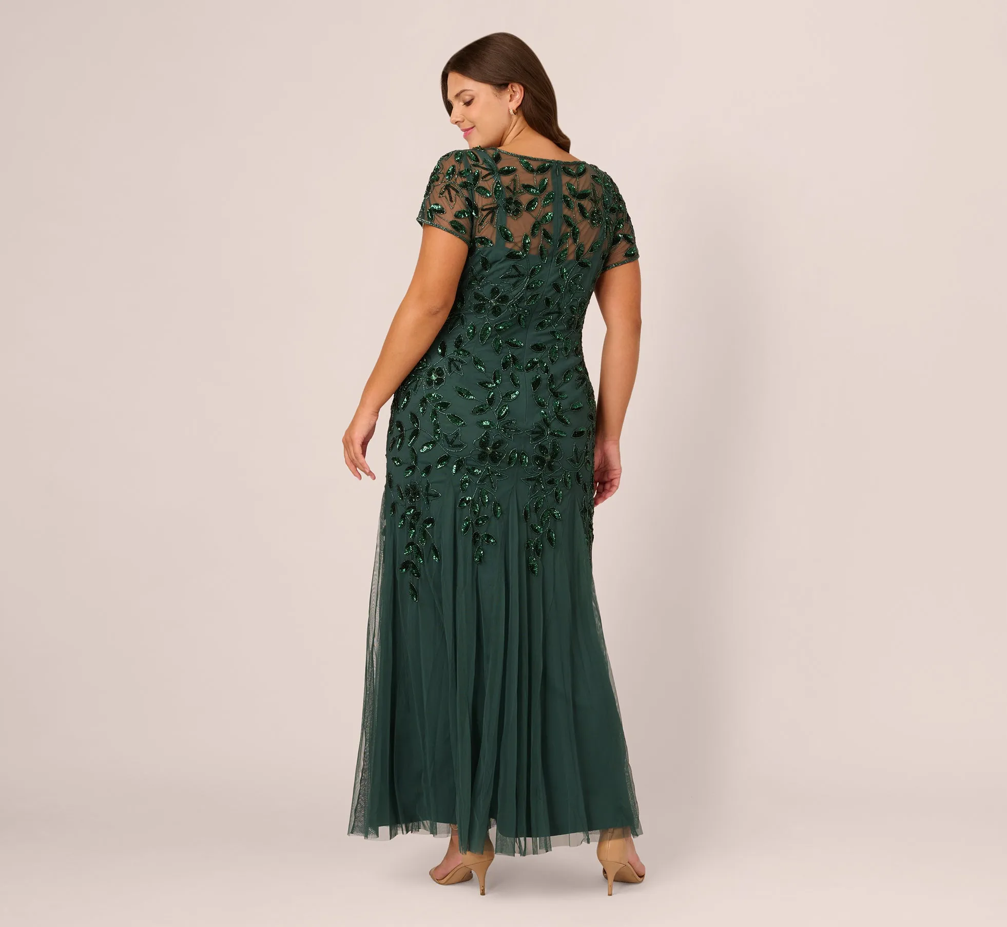 Plus Size Hand Beaded Short Sleeve Floral Godet Gown In Dusty Emerald sold by Adrianna Papell product image thumbnail 4