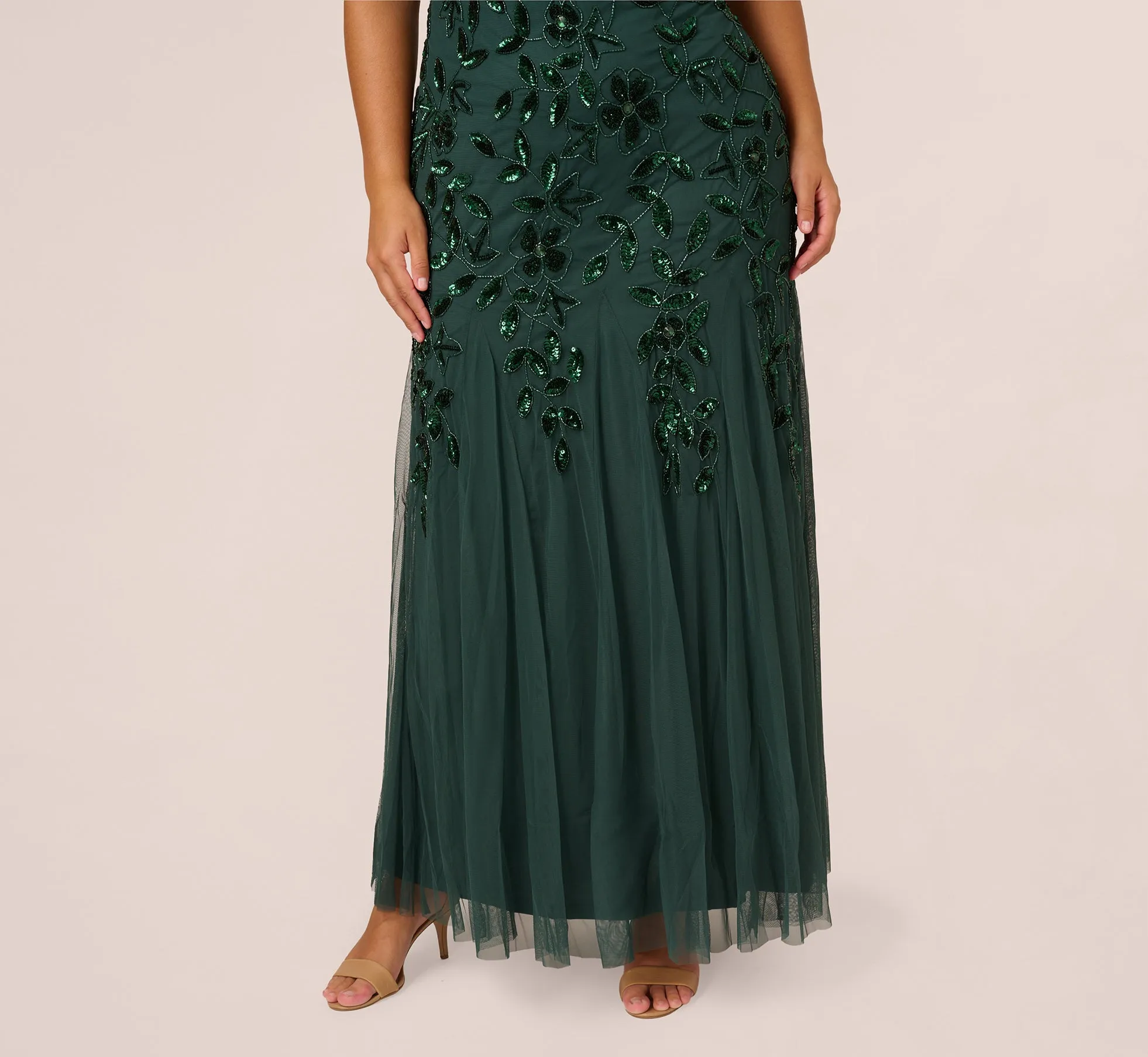 Plus Size Hand Beaded Short Sleeve Floral Godet Gown In Dusty Emerald sold by Adrianna Papell product image thumbnail 3