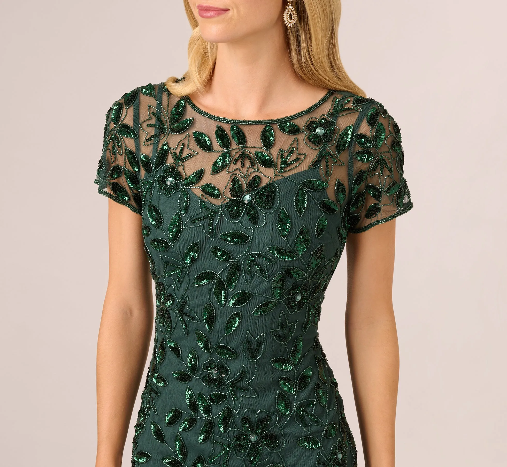 Hand Beaded Short Sleeve Floral Godet Gown In Dusty Emerald sold by Adrianna Papell product image thumbnail 3