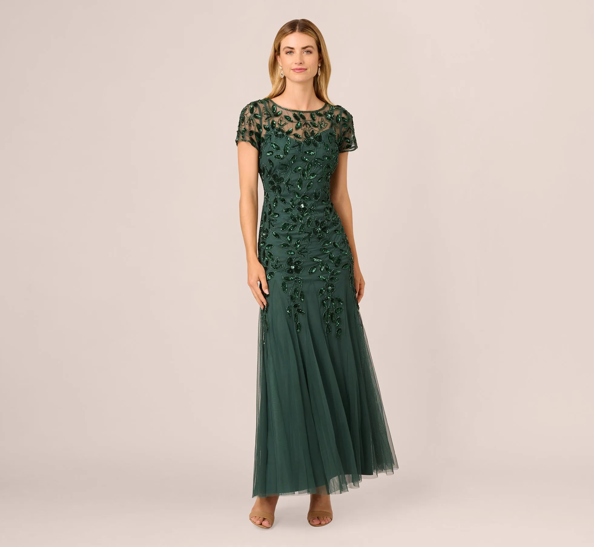 Hand Beaded Short Sleeve Floral Godet Gown In Dusty Emerald sold by Adrianna Papell