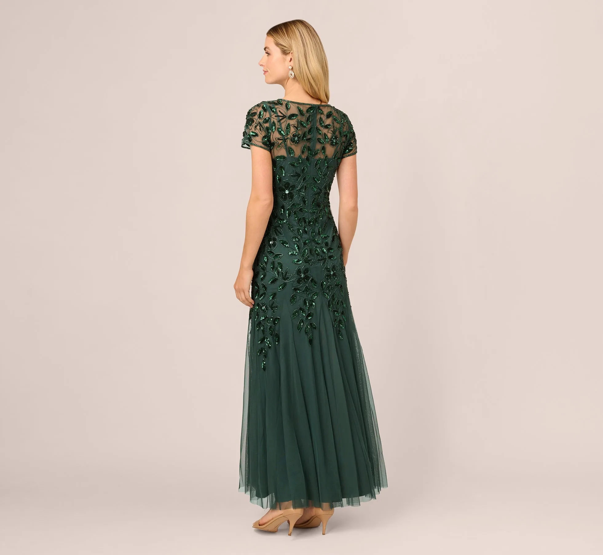 Hand Beaded Short Sleeve Floral Godet Gown In Dusty Emerald sold by Adrianna Papell product image thumbnail 4