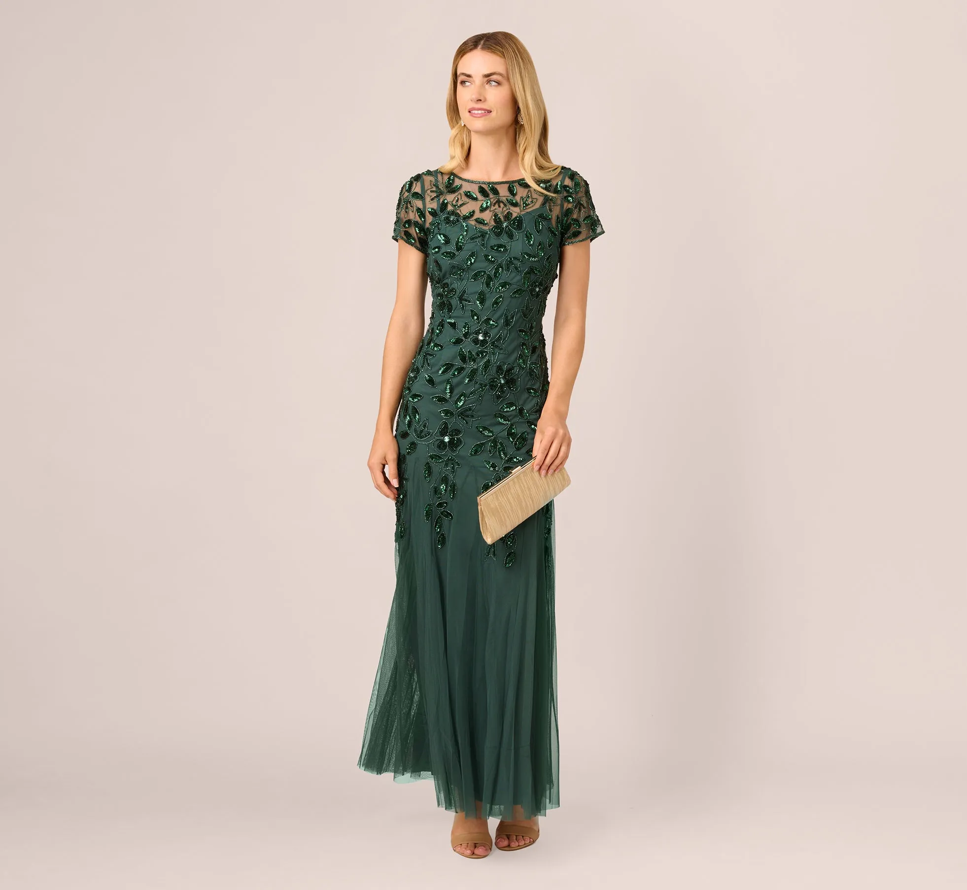Hand Beaded Short Sleeve Floral Godet Gown In Dusty Emerald sold by Adrianna Papell product image thumbnail 2