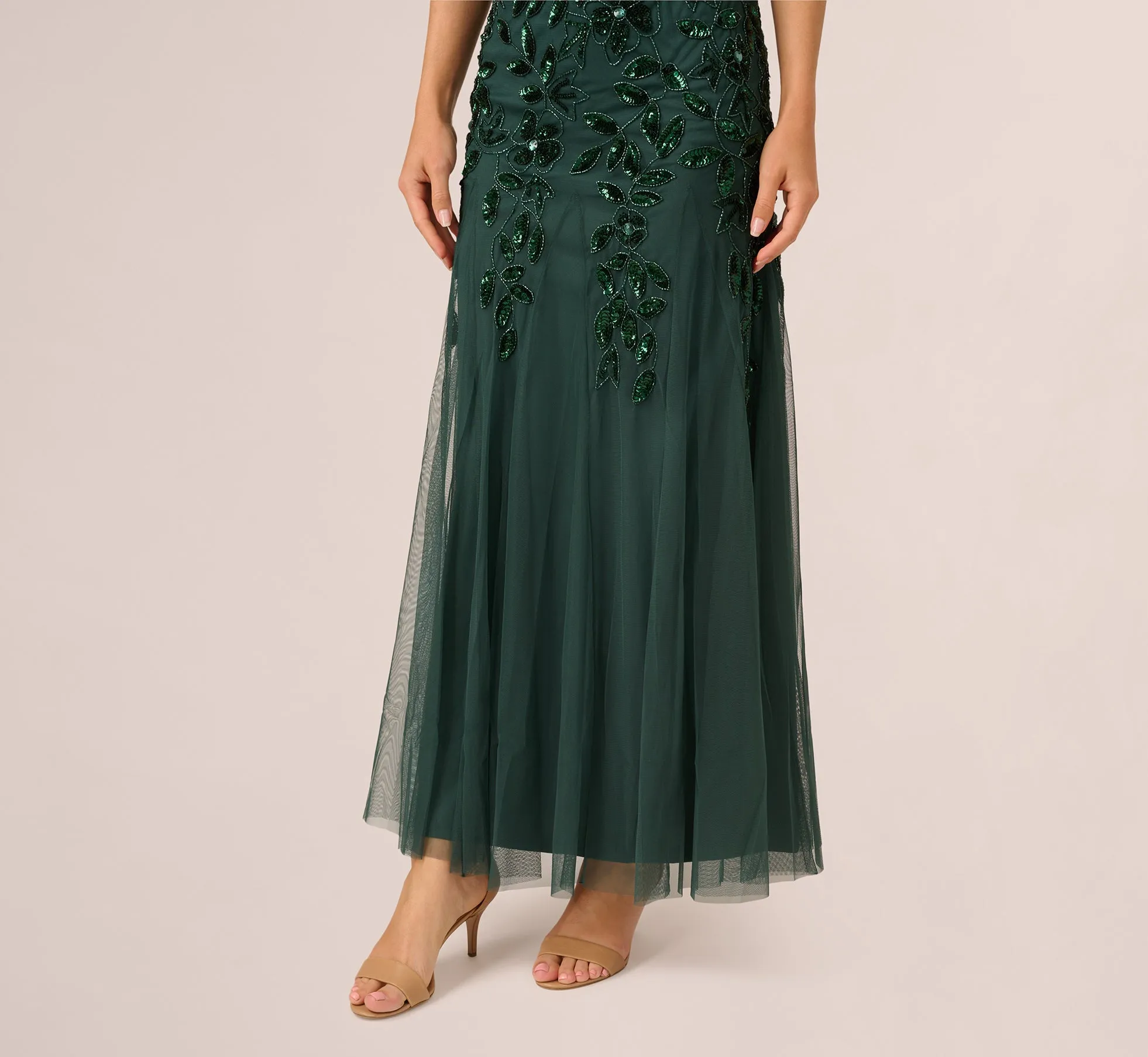 Hand Beaded Short Sleeve Floral Godet Gown In Dusty Emerald sold by Adrianna Papell product image thumbnail 5