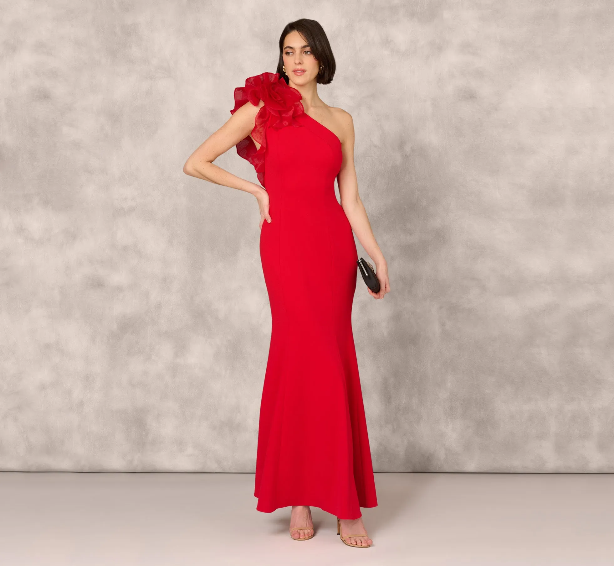 One Shoulder Mermaid Dress With Organza Sleeve In Red sold by Adrianna Papell product image thumbnail 2