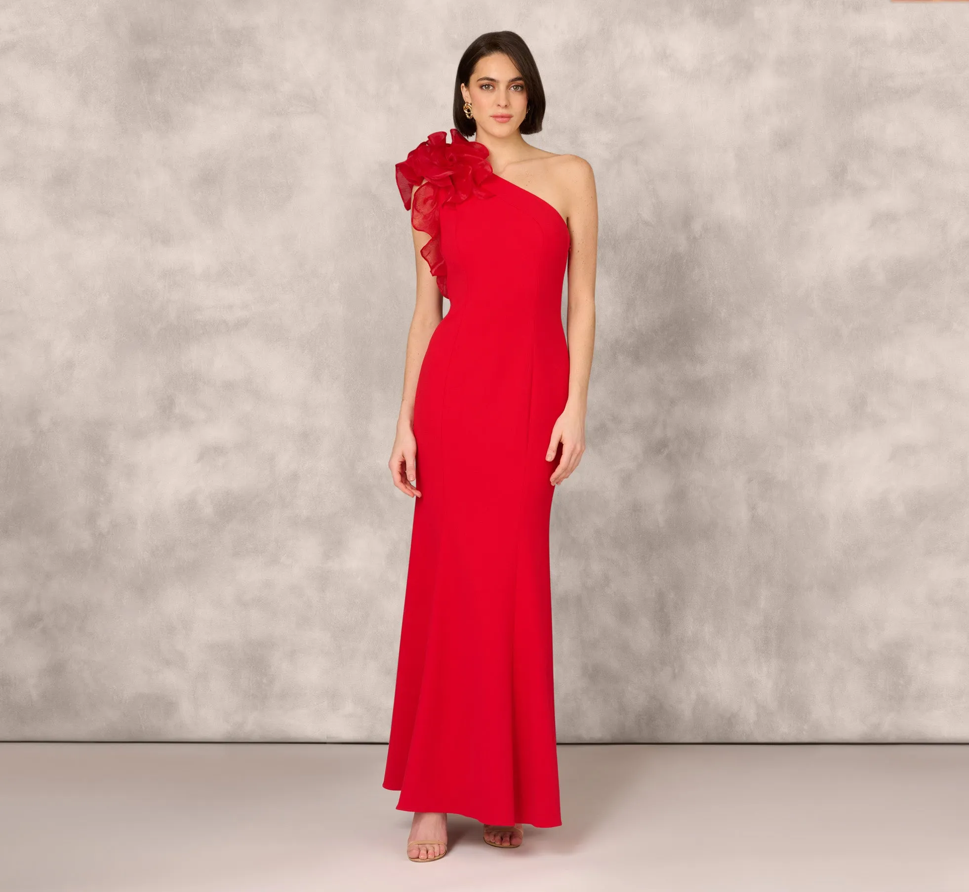 One Shoulder Mermaid Dress With Organza Sleeve In Red sold by Adrianna Papell