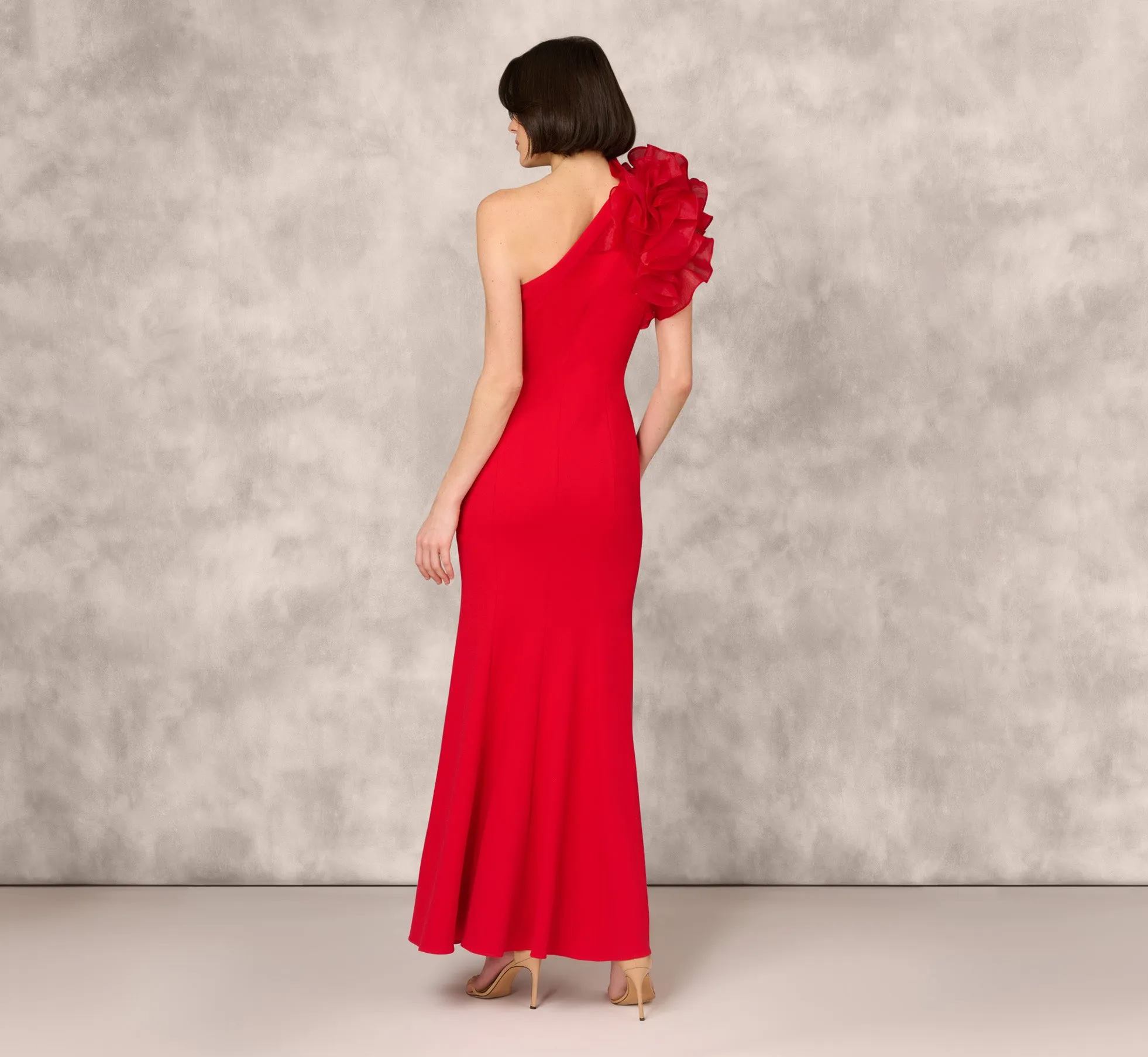 One Shoulder Mermaid Dress With Organza Sleeve In Red sold by Adrianna Papell product image thumbnail 4