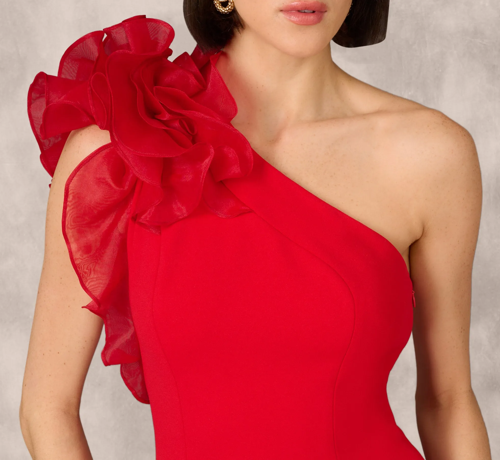 One Shoulder Mermaid Dress With Organza Sleeve In Red sold by Adrianna Papell product image thumbnail 3