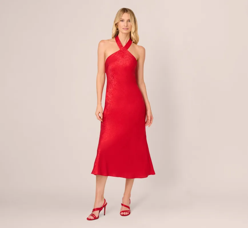 Foil Woven Halter Midi Dress In Red sold by Adrianna Papell