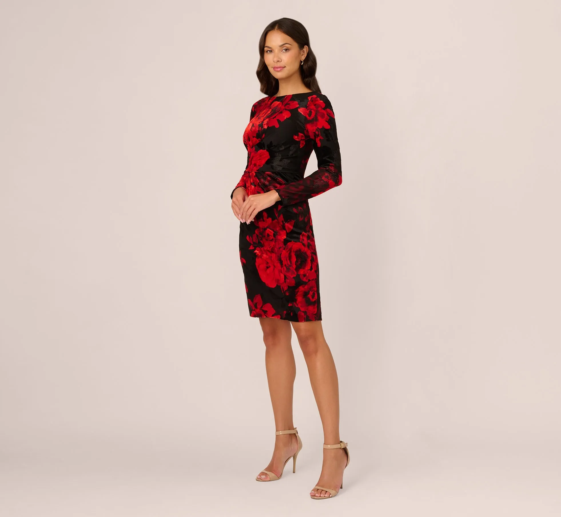 Burnout Velvet Sheath Dress In Black Red sold by Adrianna Papell