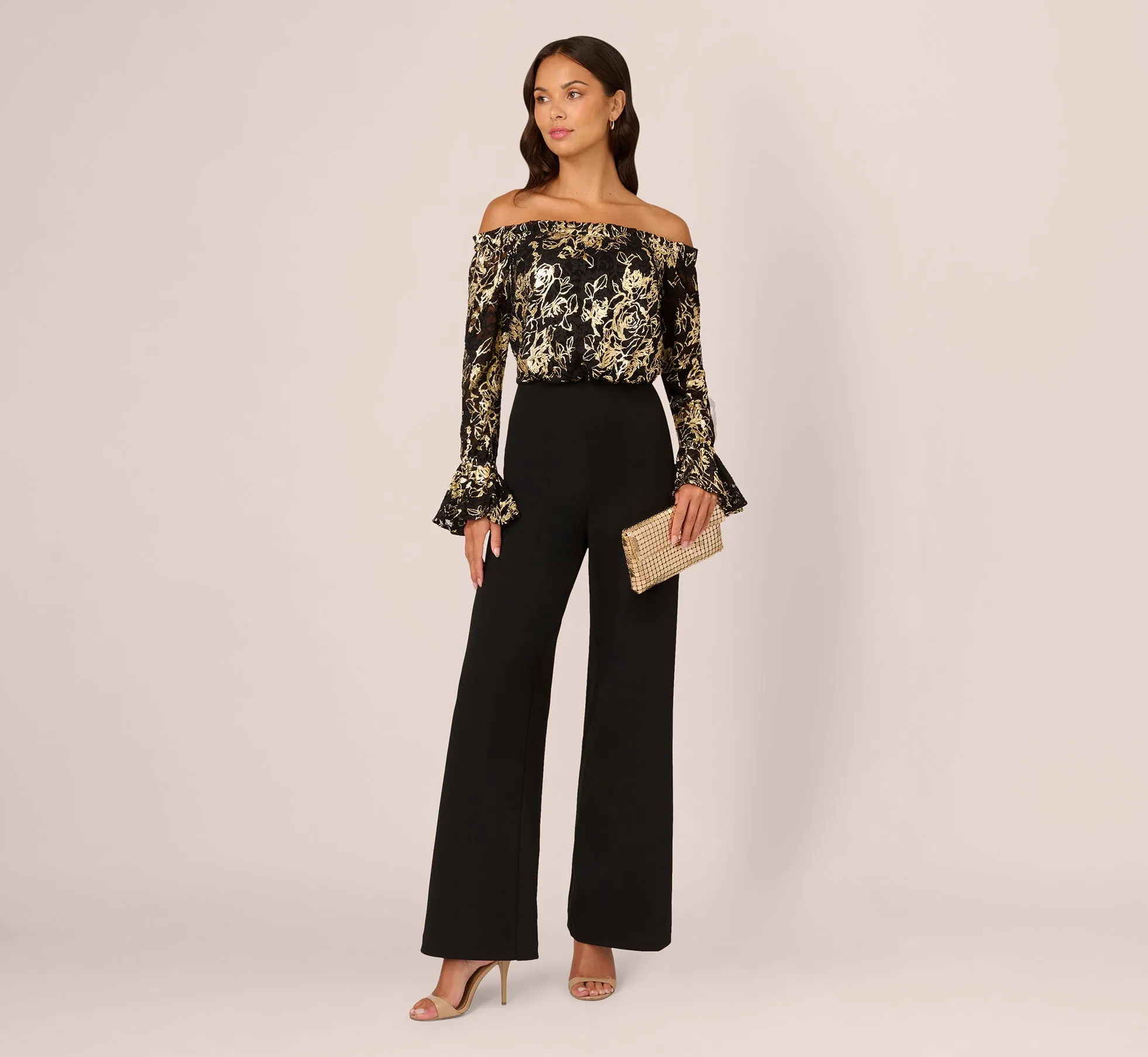Lace And Crepe Jumpsuit In Black Gold sold by Adrianna Papell product image thumbnail 2