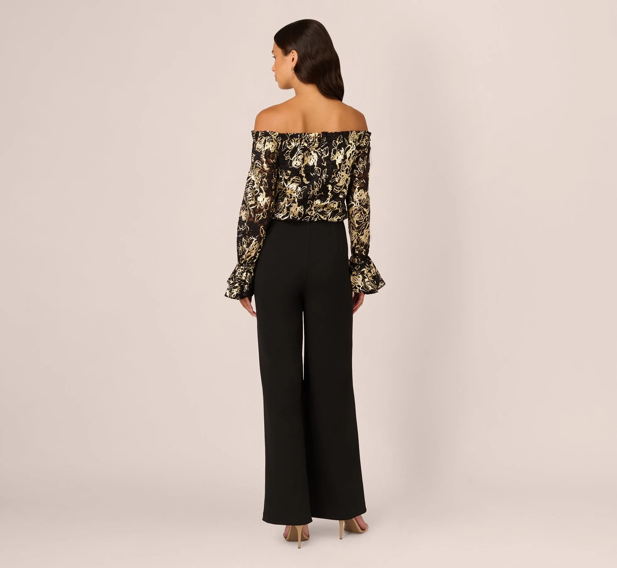 Lace And Crepe Jumpsuit In Black Gold sold by Adrianna Papell product image thumbnail 4