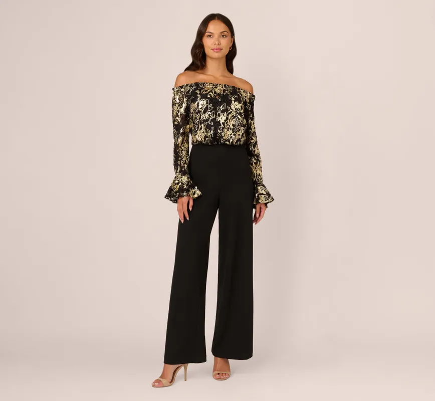 Lace And Crepe Jumpsuit In Black Gold sold by Adrianna Papell