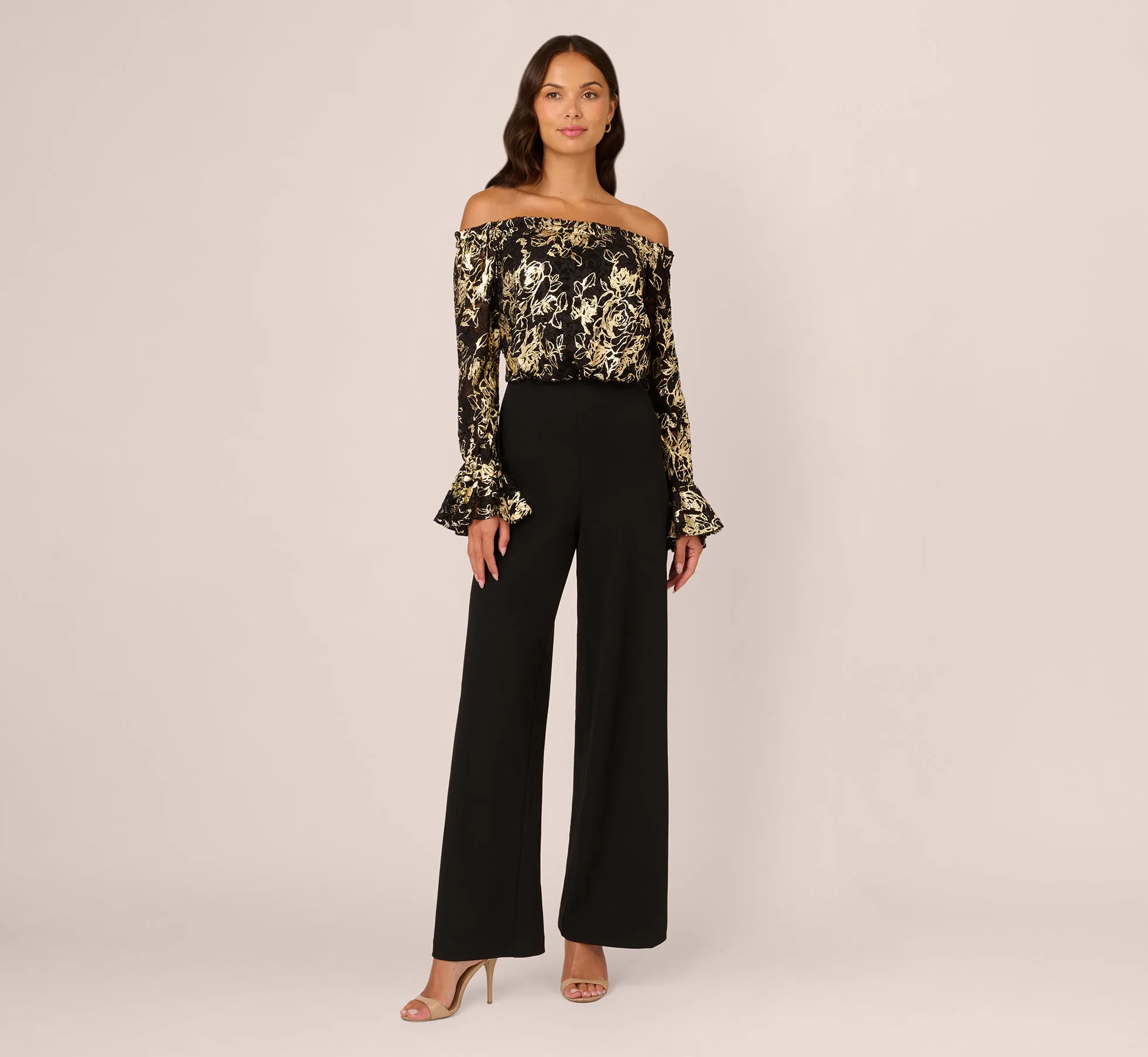 Lace And Crepe Jumpsuit In Black Gold sold by Adrianna Papell