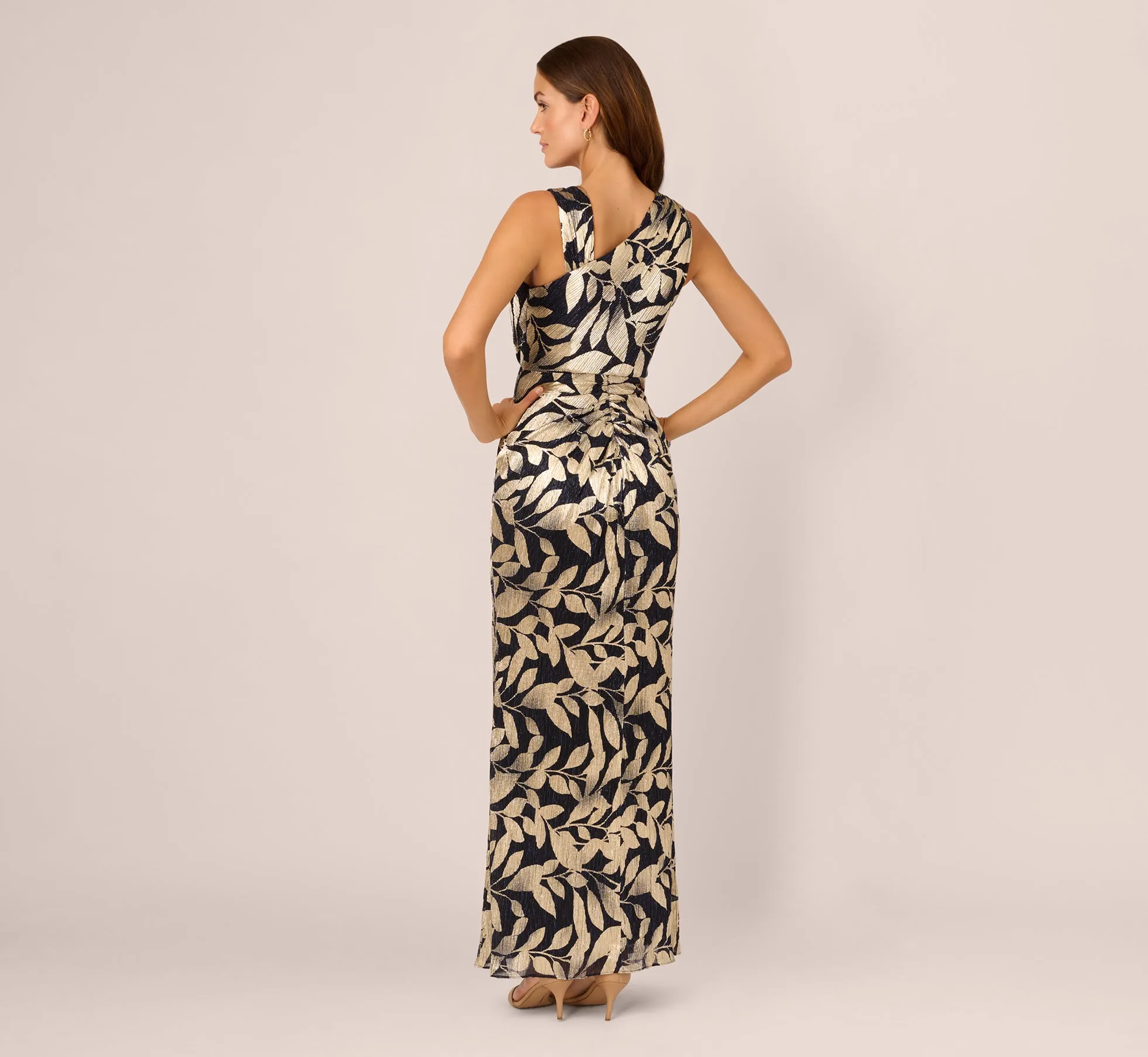 Foil Printed Asymmetric Gown With Ruffled Detail In Navy Gold sold by Adrianna Papell product image thumbnail 4