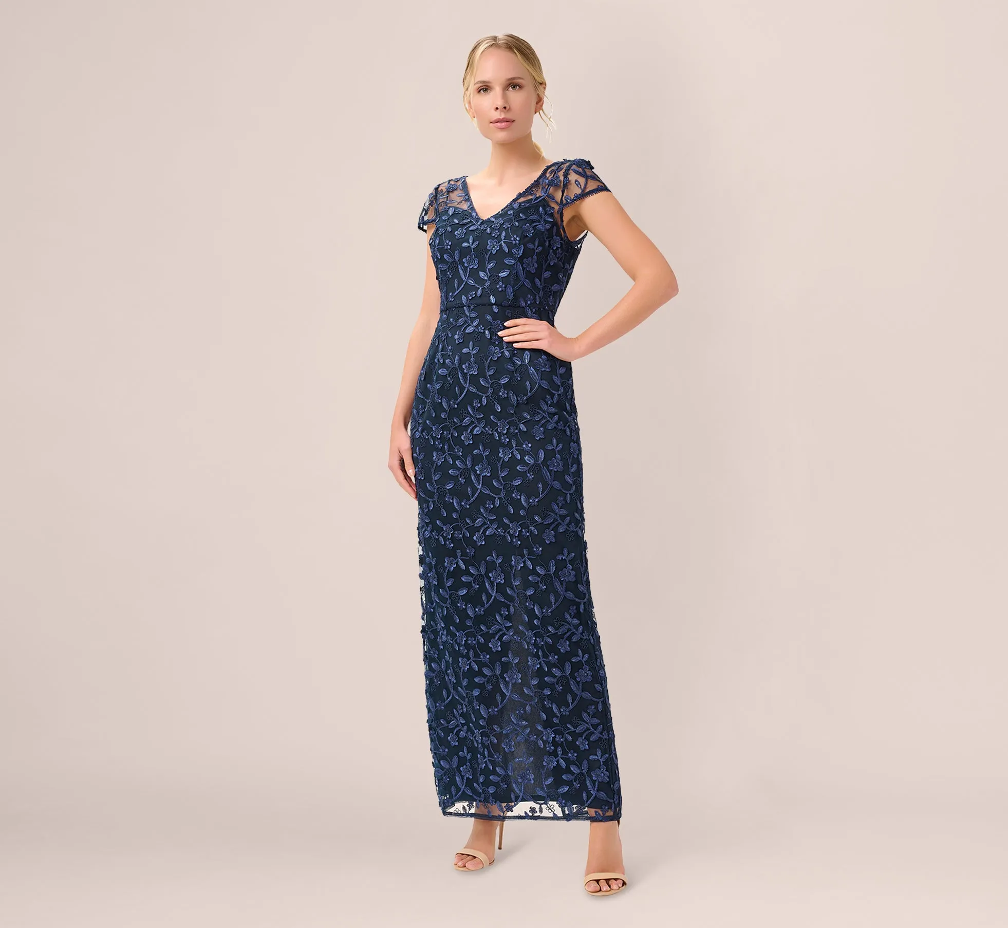 Metallic Embroidered Column Gown In Midnight sold by Adrianna Papell