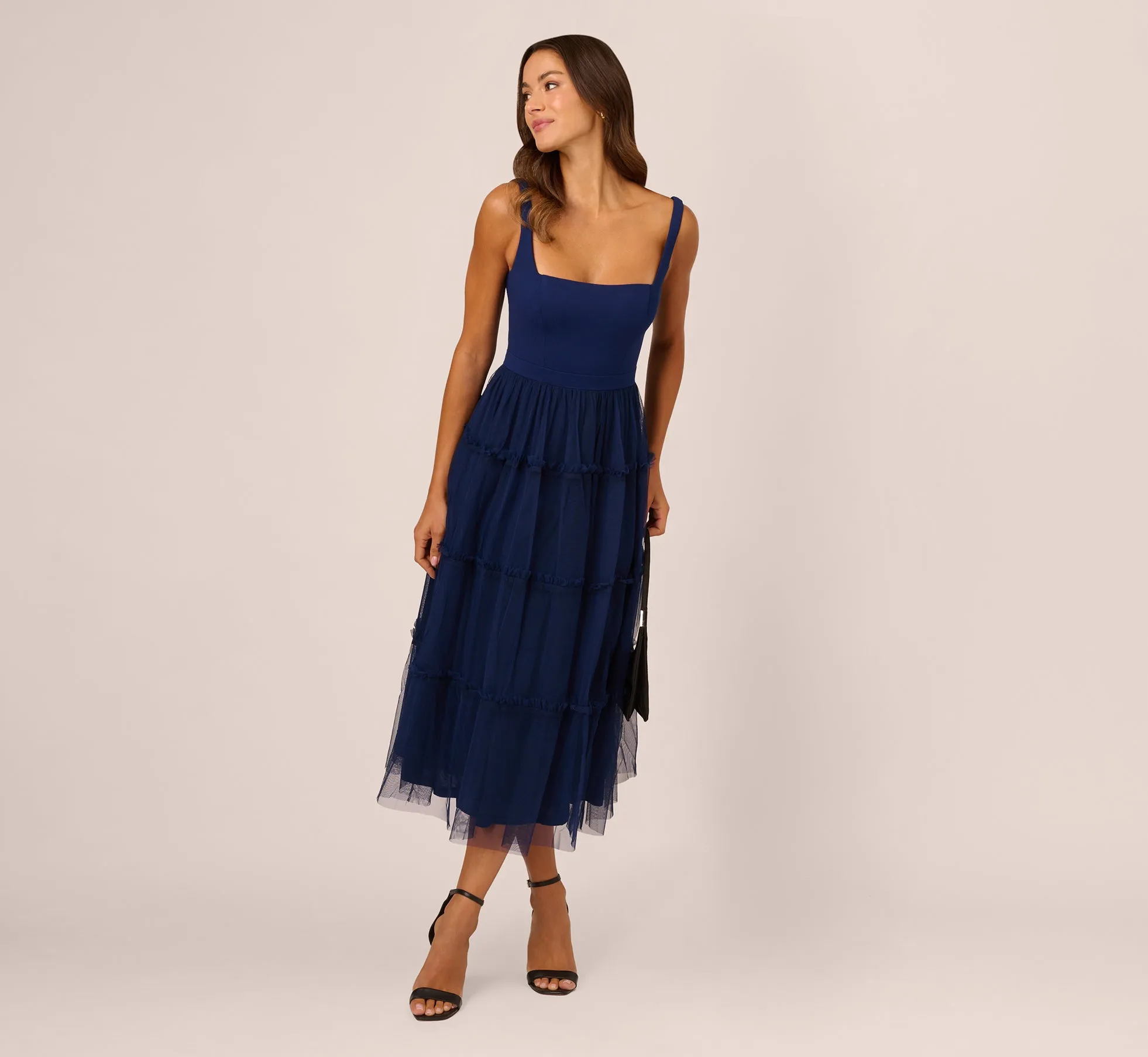 Sleeveless Midi Dress With Square Neck And Tiered Skirt In Navy sold by Adrianna Papell product image thumbnail 2