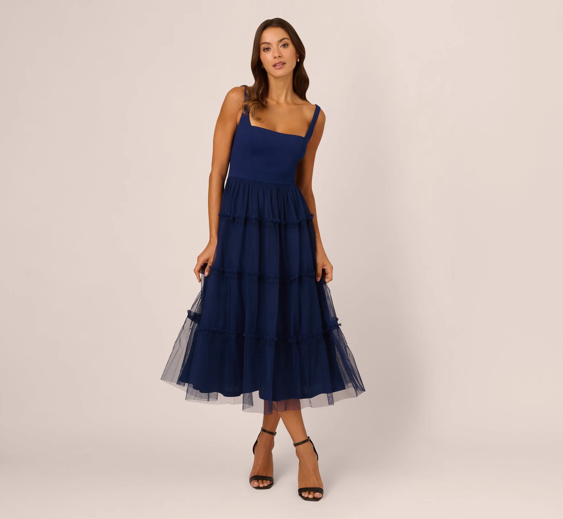 Sleeveless Midi Dress With Square Neck And Tiered Skirt In Navy sold by Adrianna Papell