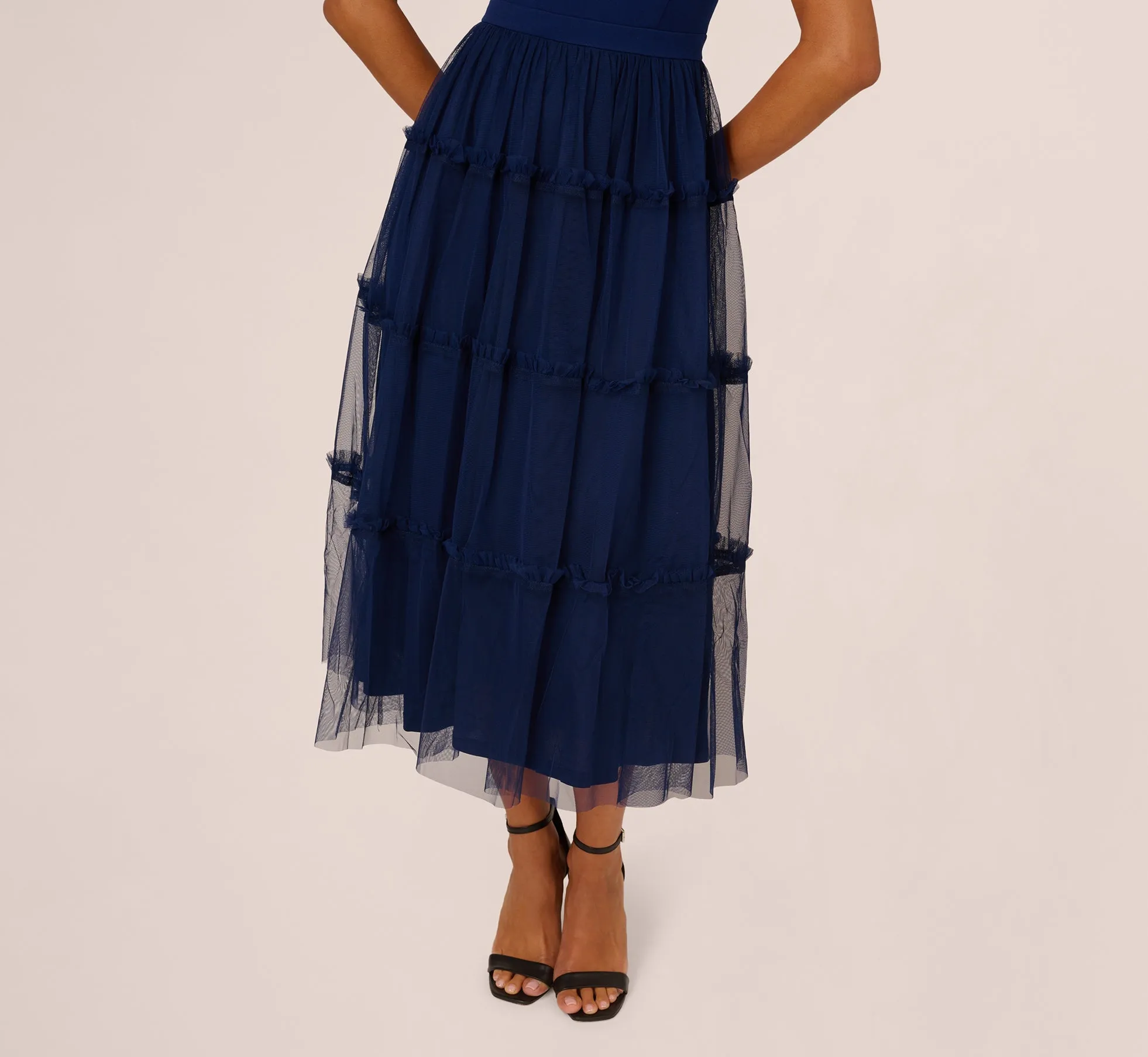 Sleeveless Midi Dress With Square Neck And Tiered Skirt In Navy sold by Adrianna Papell product image thumbnail 3