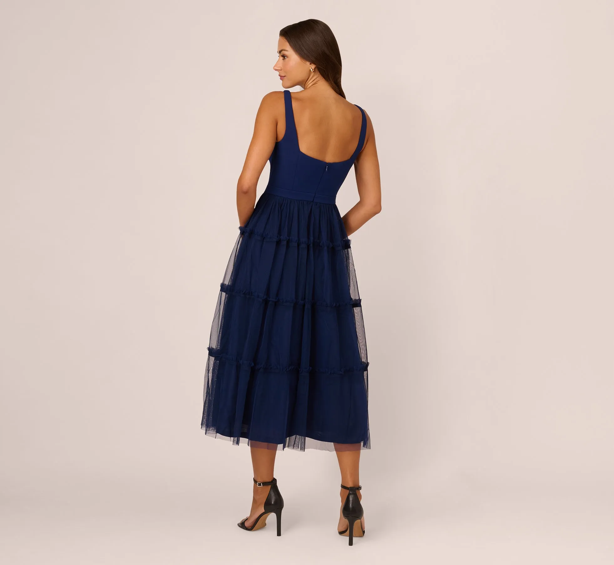 Sleeveless Midi Dress With Square Neck And Tiered Skirt In Navy sold by Adrianna Papell product image thumbnail 5