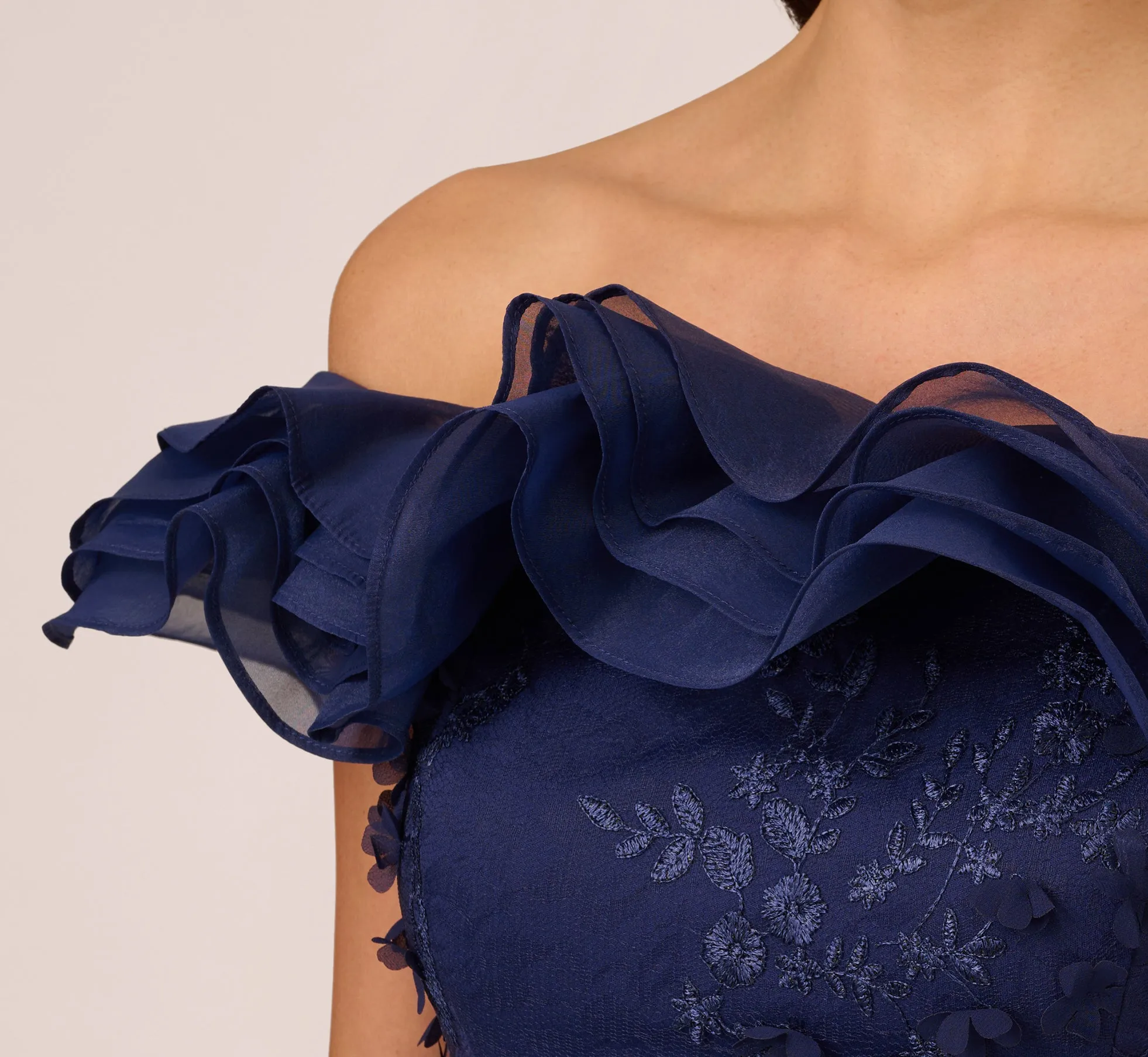 Ruffle Off The Shoulder Floral Lace Gown In Light Navy sold by Adrianna Papell product image thumbnail 3