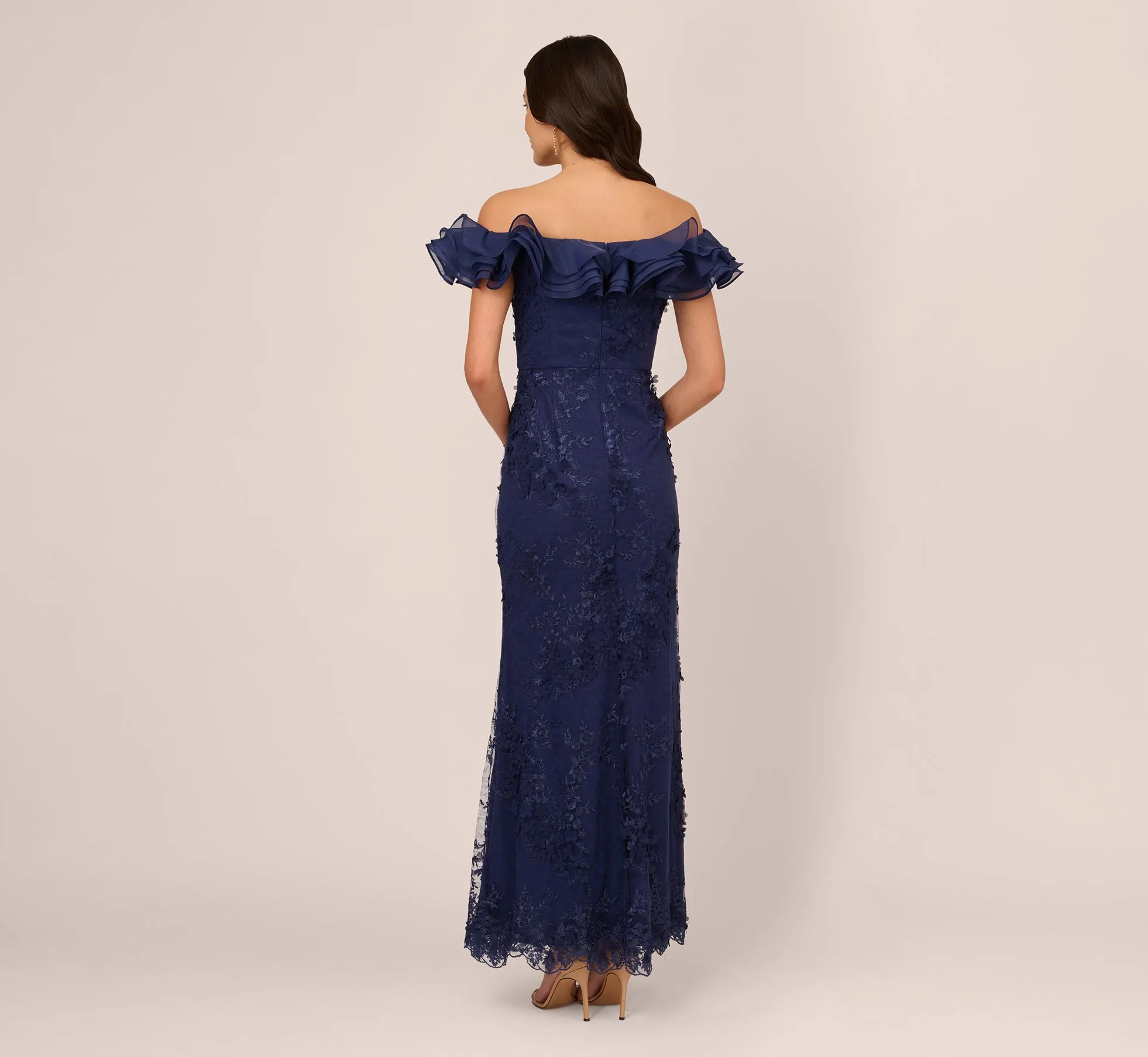 Ruffle Off The Shoulder Floral Lace Gown In Light Navy sold by Adrianna Papell product image thumbnail 4