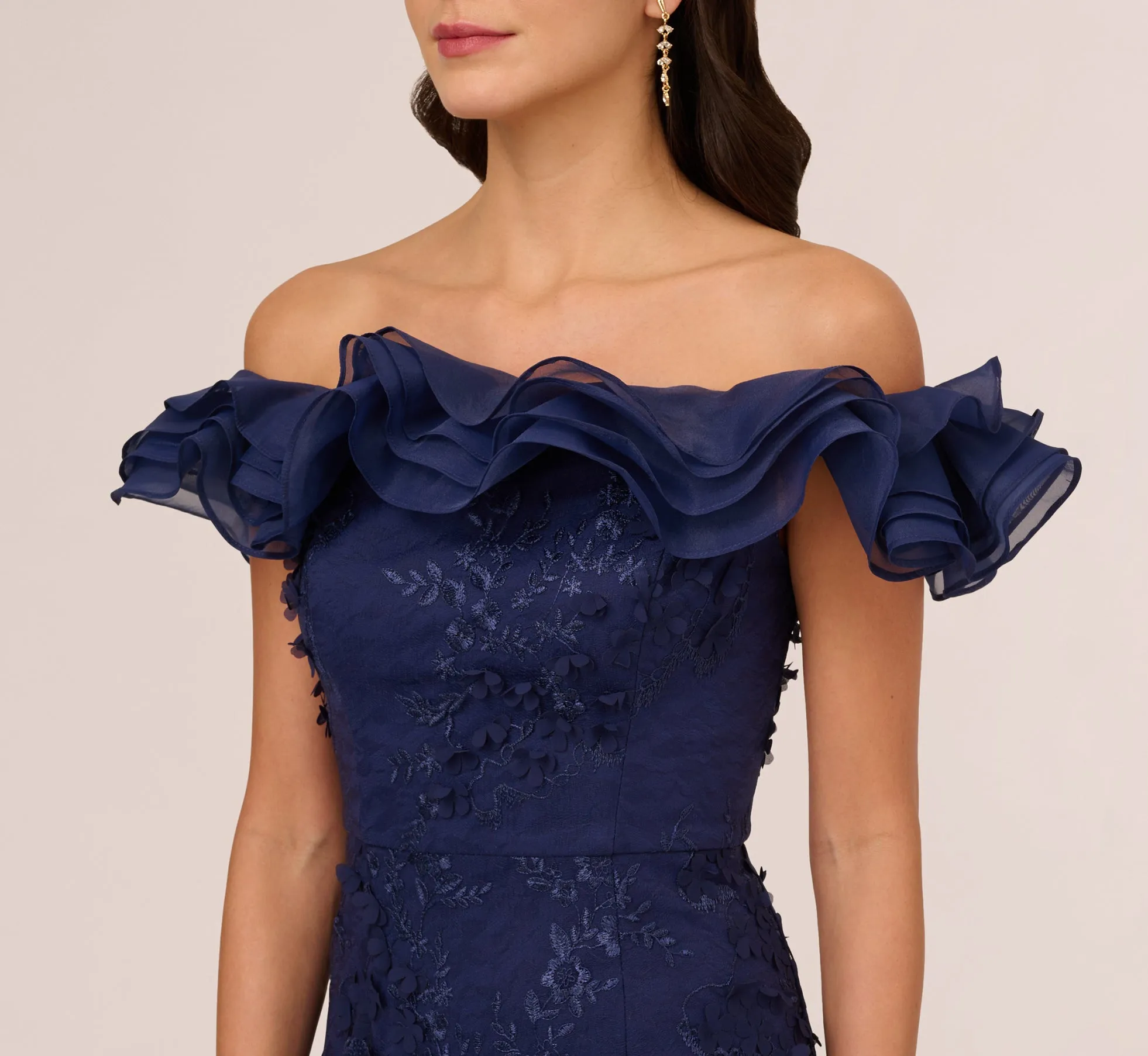 Ruffle Off The Shoulder Floral Lace Gown In Light Navy sold by Adrianna Papell product image thumbnail 5
