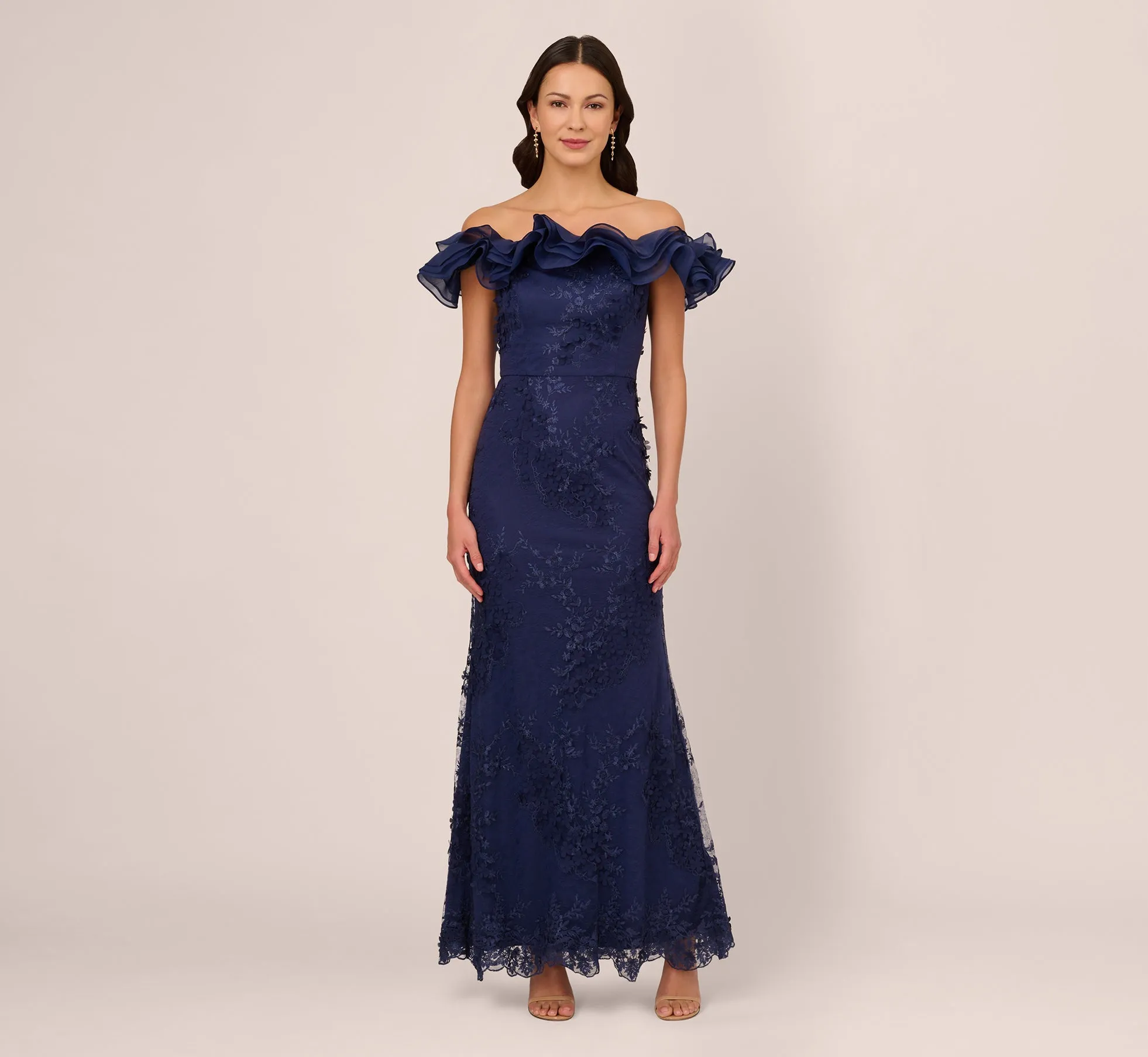 Ruffle Off The Shoulder Floral Lace Gown In Light Navy sold by Adrianna Papell