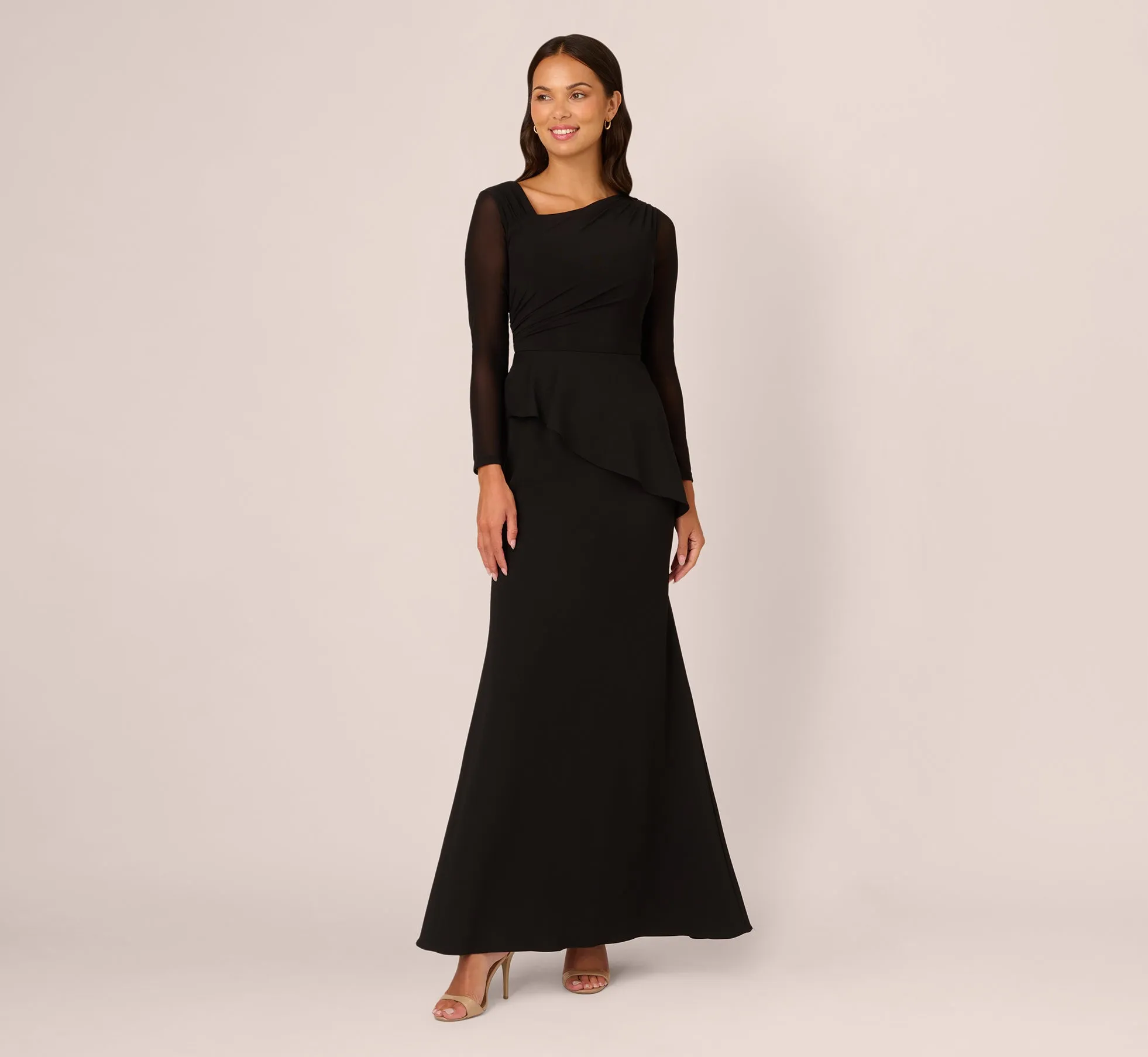 Knit Crepe Combo Mesh Gown In Black sold by Adrianna Papell