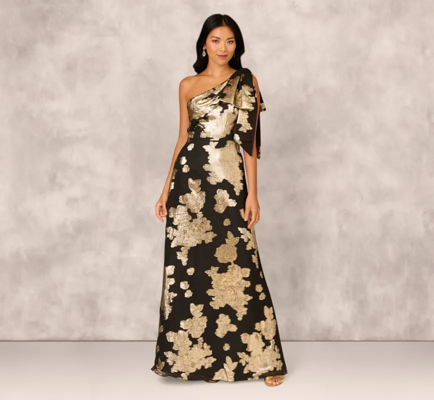 One Shoulder Jacquard Gown In Black Gold sold by Adrianna Papell