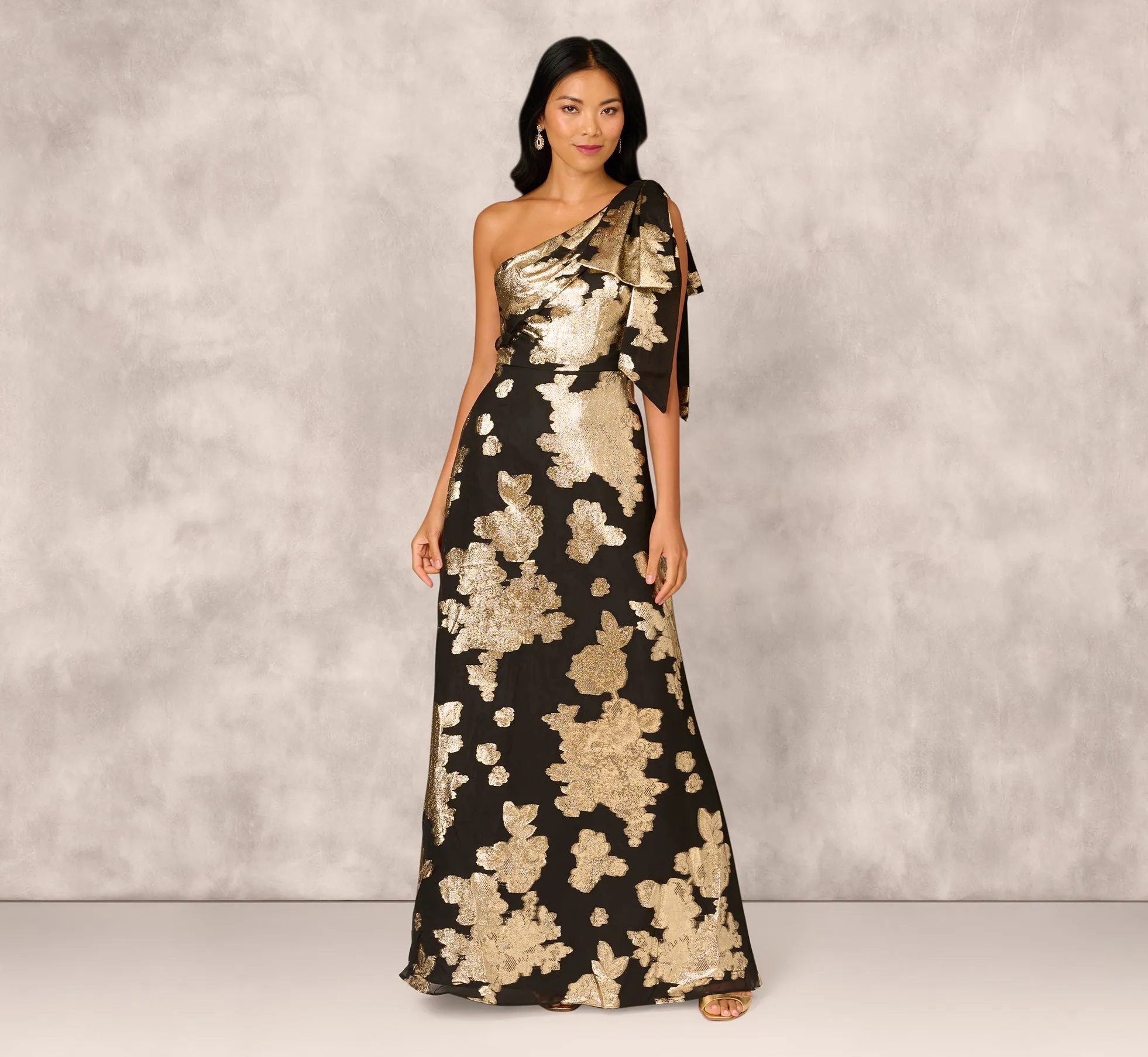 One Shoulder Jacquard Gown In Black Gold sold by Adrianna Papell