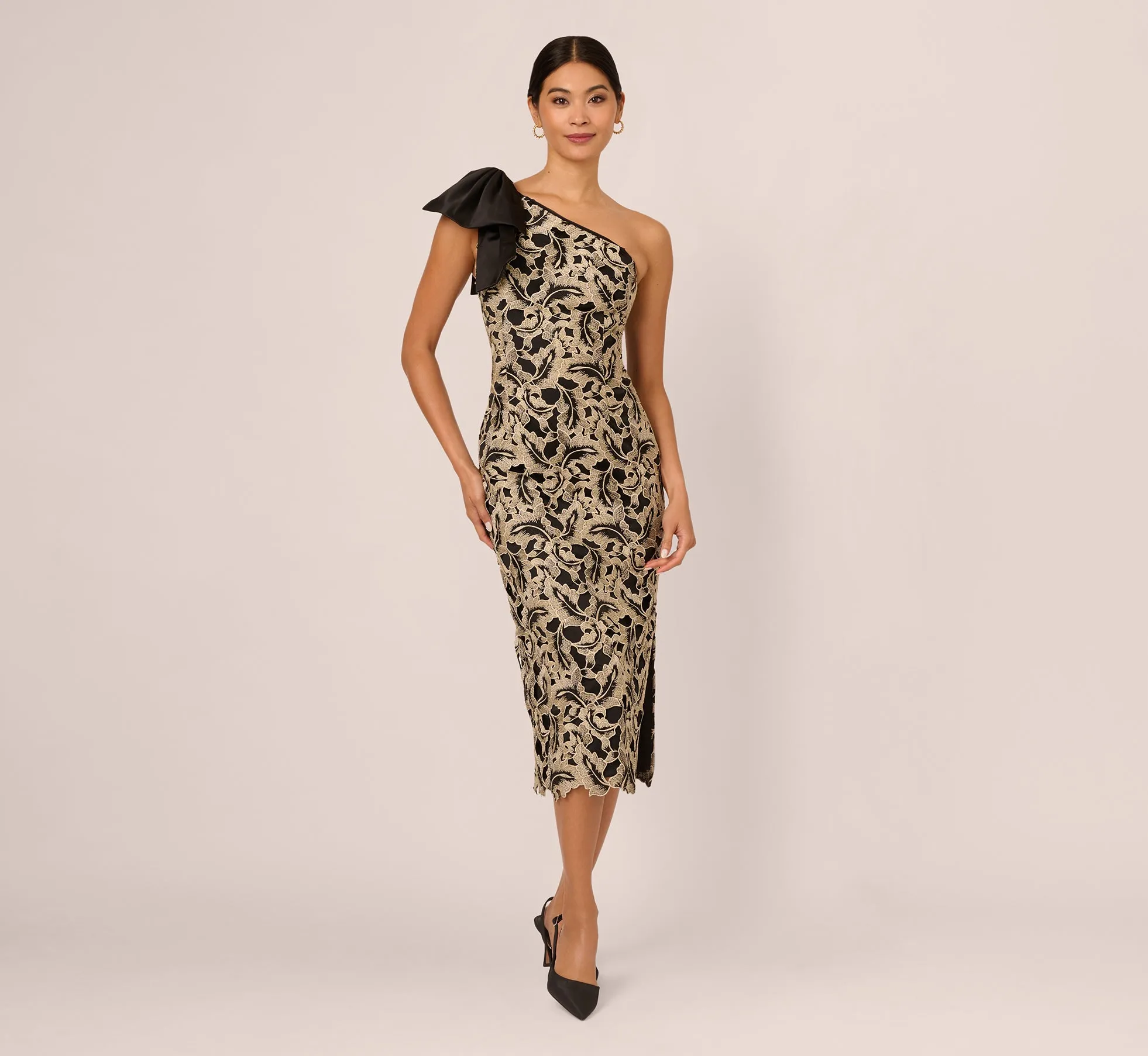 Metallic Leaf Lace Ankle Dress In Black Gold sold by Adrianna Papell