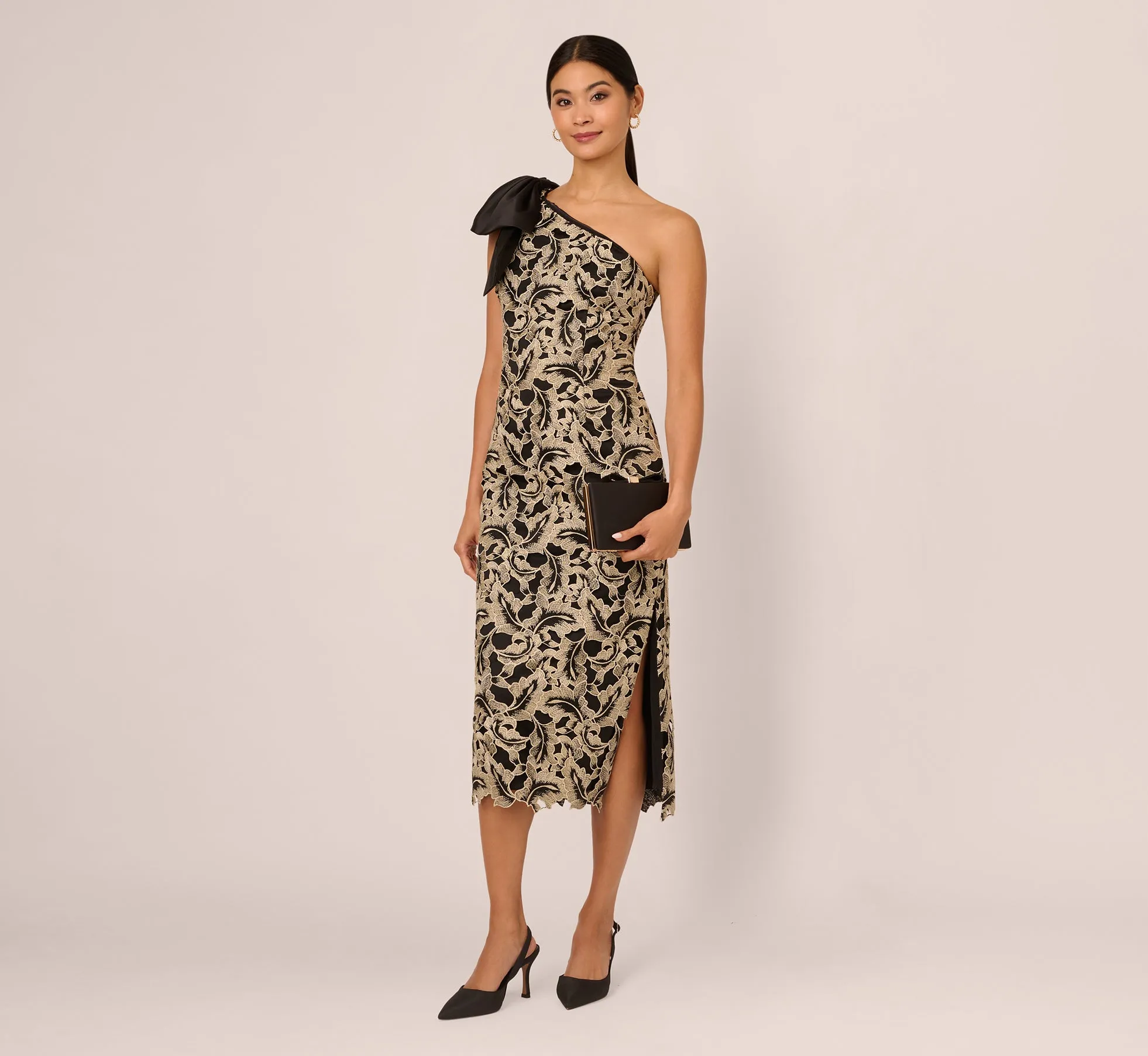 Metallic Leaf Lace Ankle Dress In Black Gold sold by Adrianna Papell product image thumbnail 2