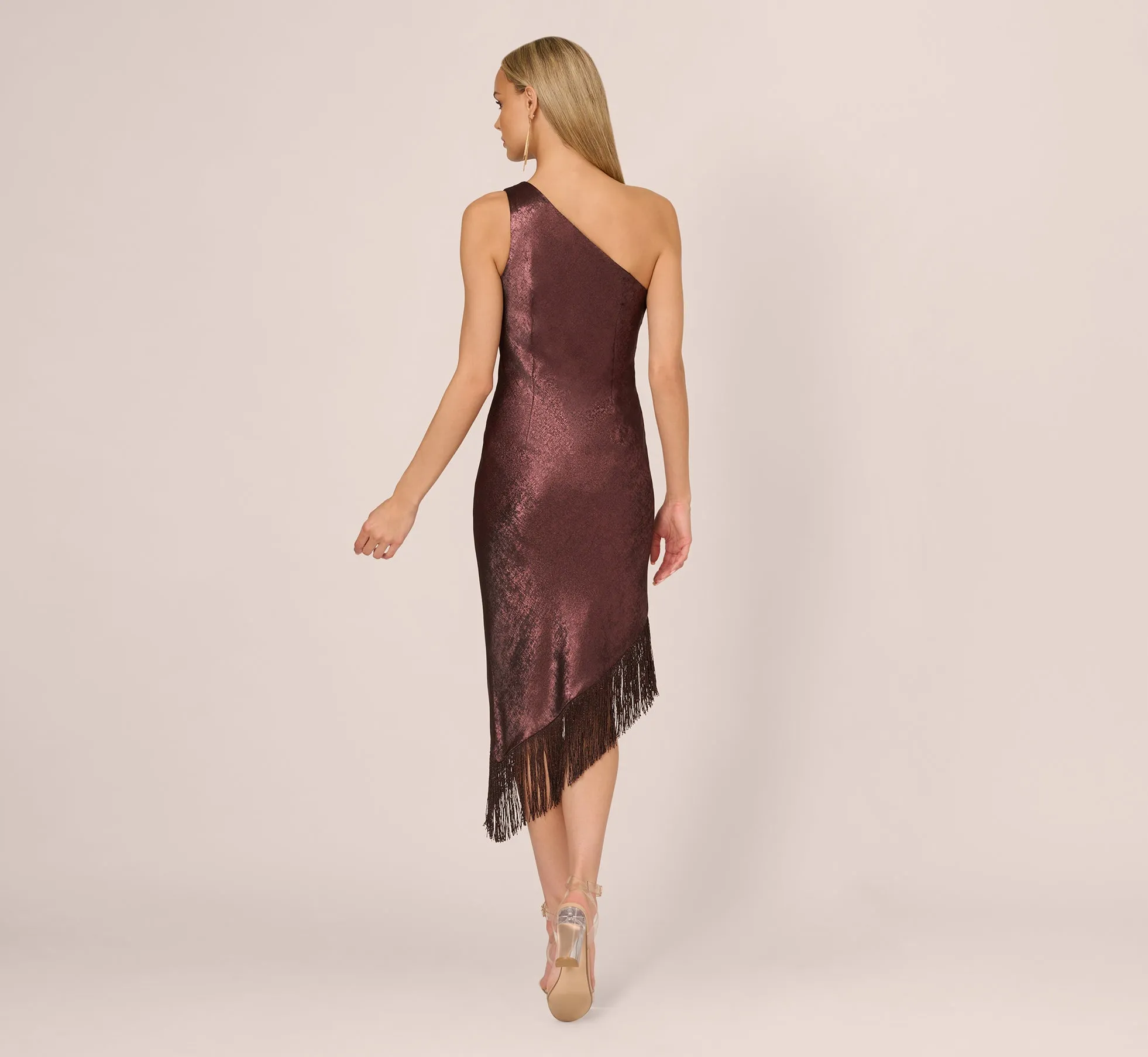 Foiled One Shoulder Asymmetrical Dress With Fringe Hem In Blackened Red sold by Adrianna Papell product image thumbnail 4
