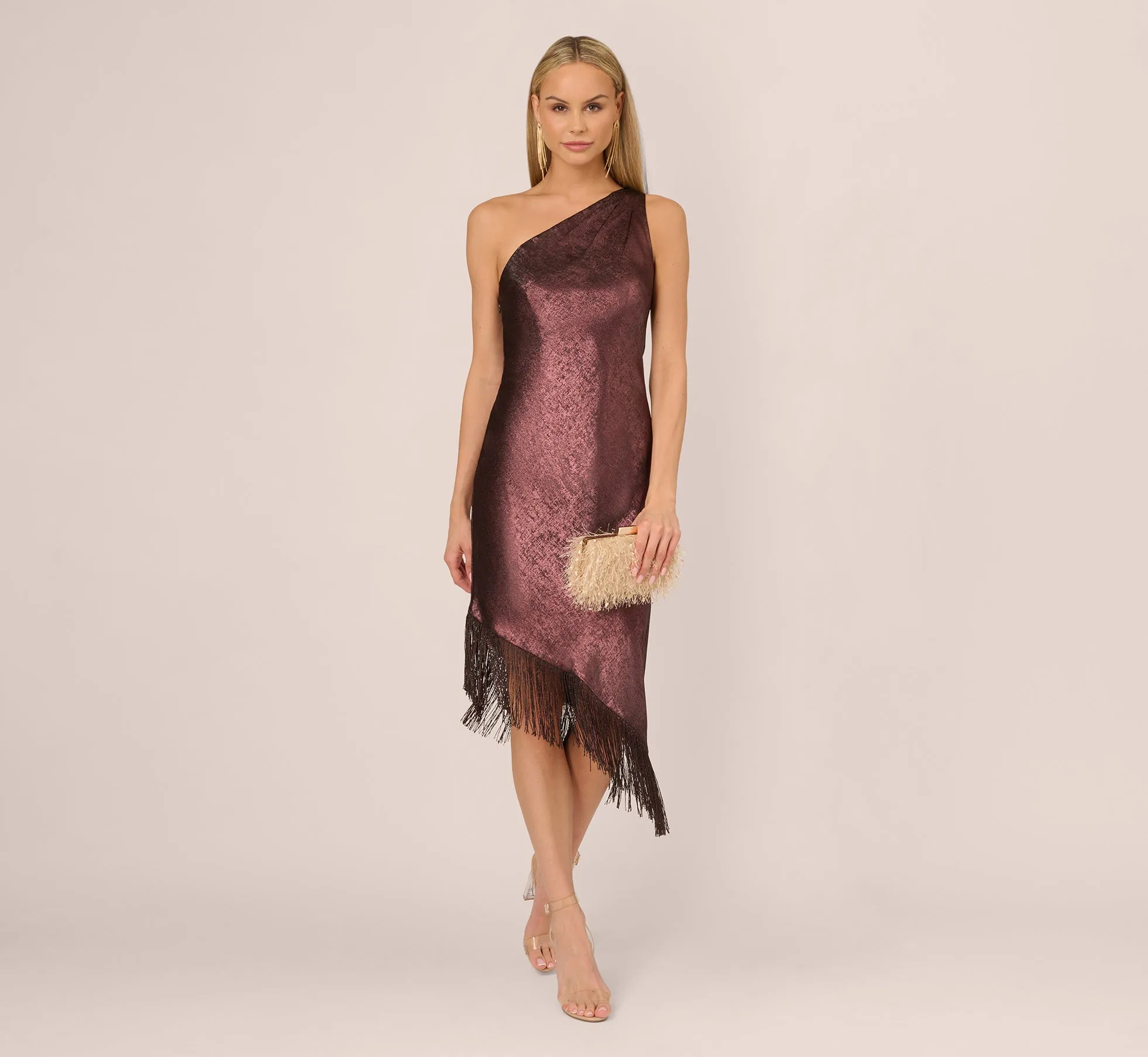 Foiled One Shoulder Asymmetrical Dress With Fringe Hem In Blackened Red sold by Adrianna Papell product image thumbnail 2