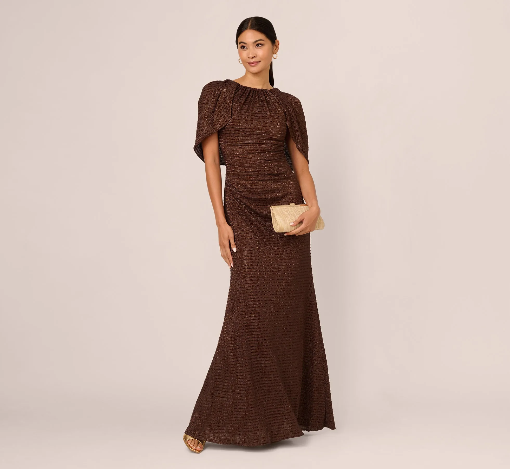 Pleated Metallic Cape Gown In Bronze sold by Adrianna Papell product image thumbnail 2