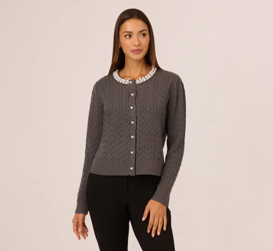 Pearl Button Detail Cable Cardigan Sweater In Heather Graphite sold by Adrianna Papell