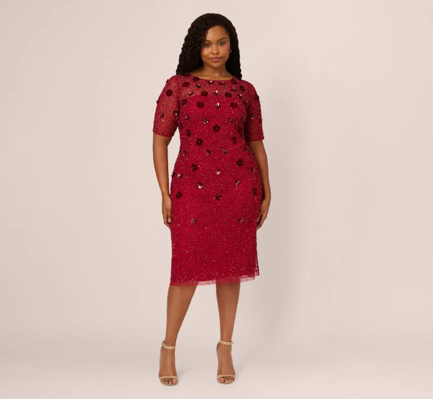 Plus Size Embellished Mesh Cocktail Dress In Cranberry sold by Adrianna Papell