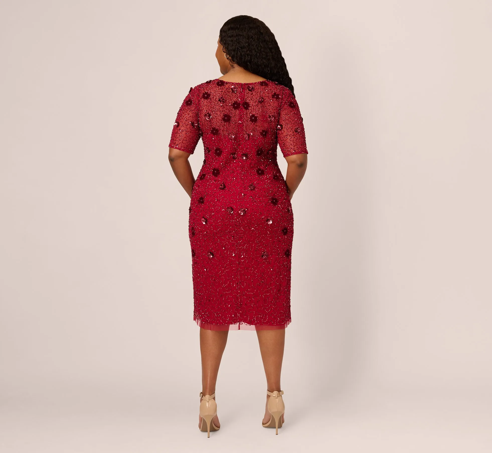 Plus Size Embellished Mesh Cocktail Dress In Cranberry sold by Adrianna Papell product image thumbnail 4