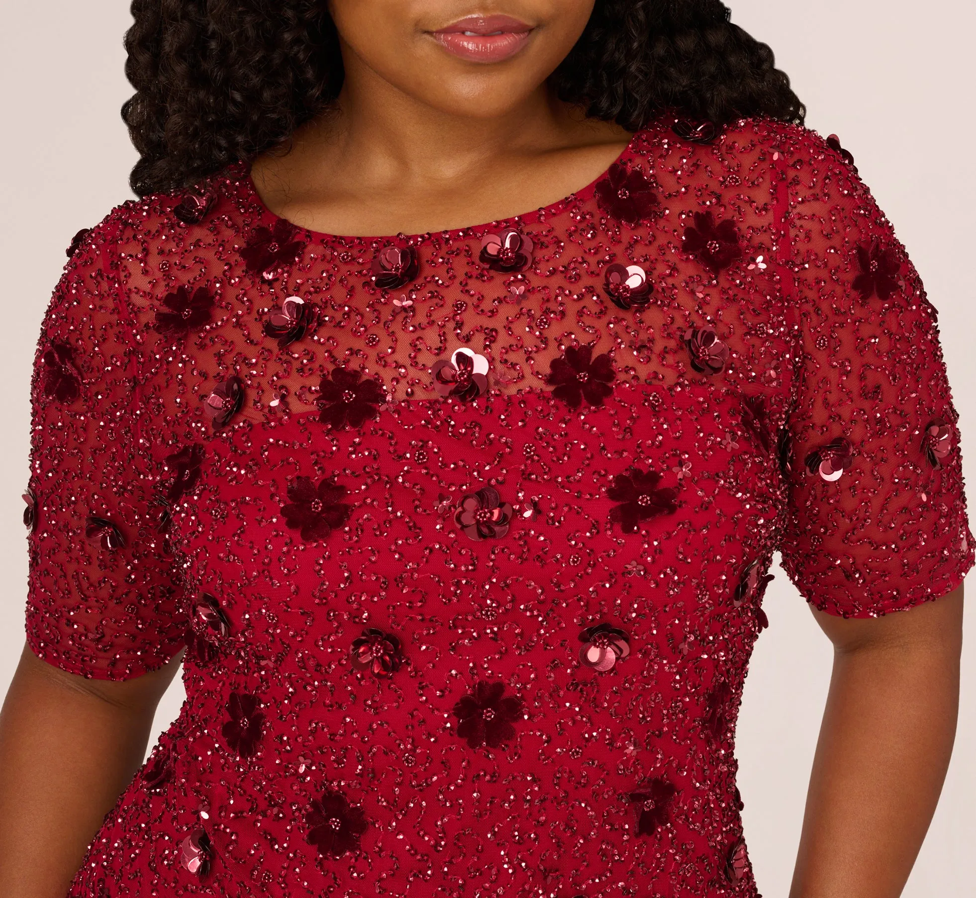 Plus Size Embellished Mesh Cocktail Dress In Cranberry sold by Adrianna Papell product image thumbnail 3
