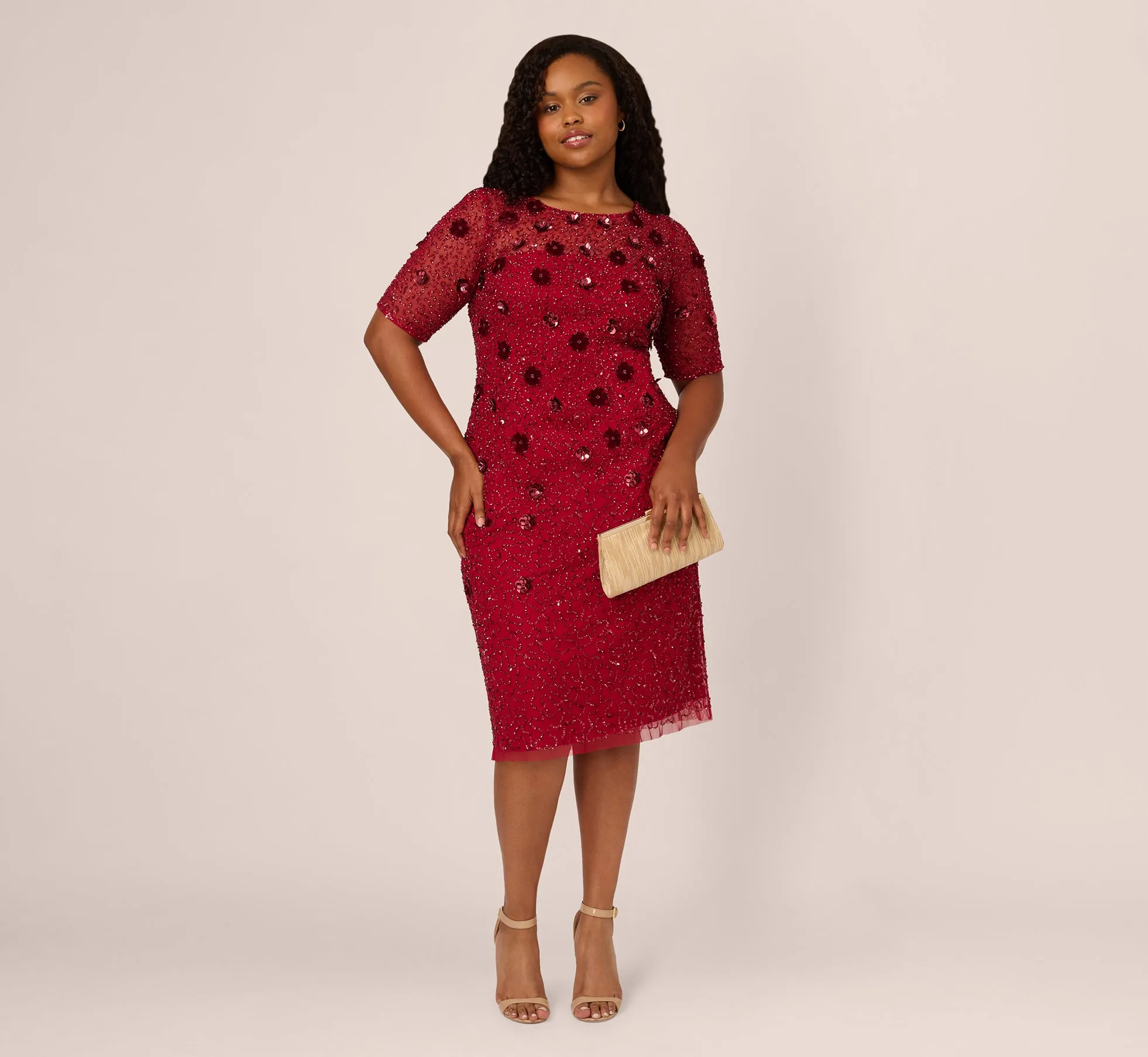 Plus Size Embellished Mesh Cocktail Dress In Cranberry sold by Adrianna Papell product image thumbnail 2