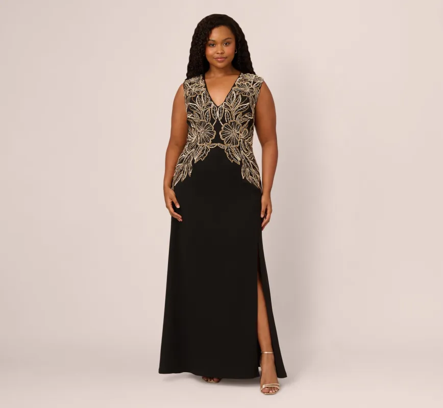 Plus Size Beaded Crepe Long Dress In Black sold by Adrianna Papell